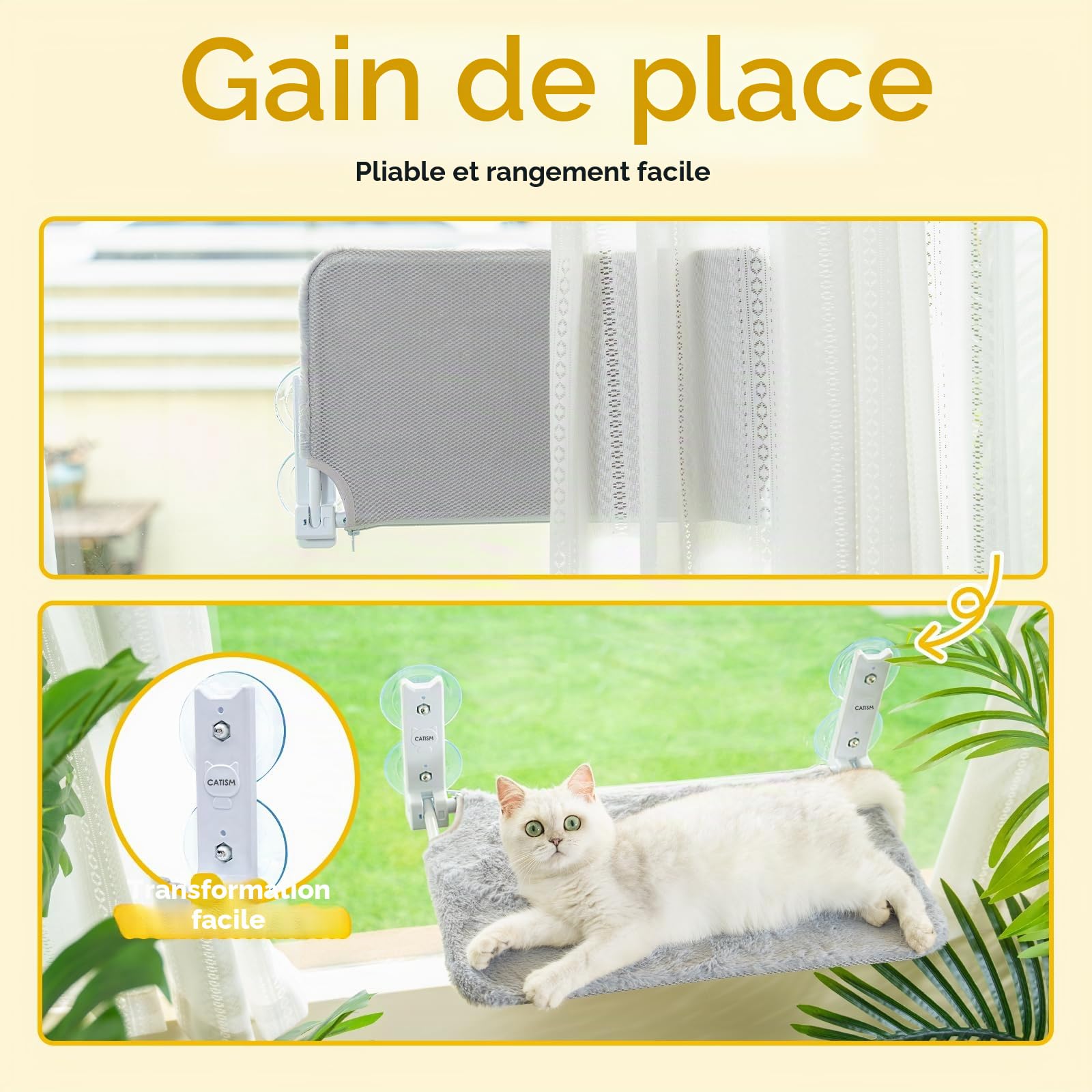 CATISM Pliable Hamac Chat Fenetre Jusqu'à 20kg, Hamac pour Chat Renforcé avec Ventouse Puissante, Coussin en Tissu Double Face, Sac de Couchage pour Chats (52 x 30), Gris