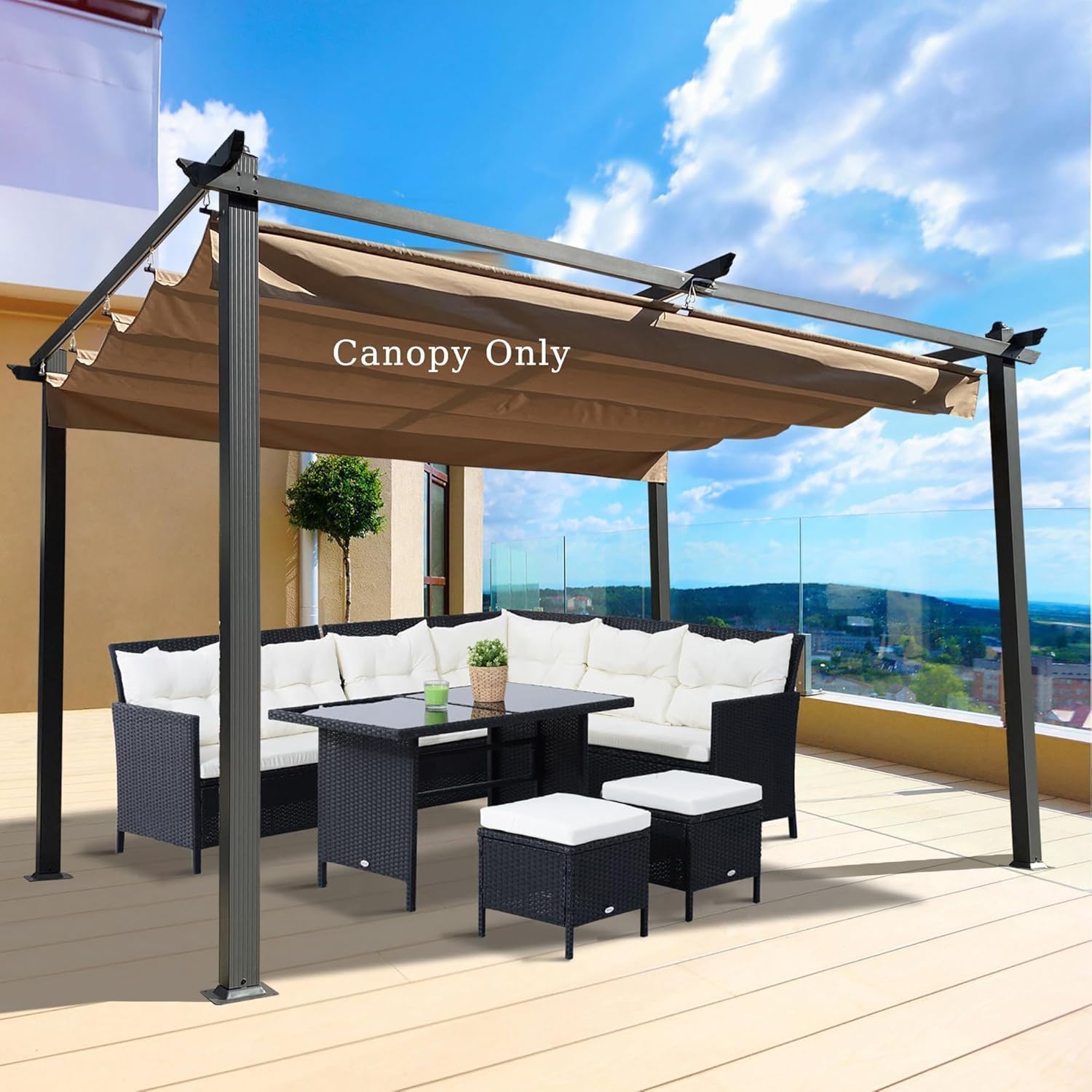 Retractable Pergola Canopy Waterproof, Pergola Replacement Canopy for 10x10 FT Pergola, Durable and Sun-Protection Pergola Shade Cover for Shade and Rain (Khaki)