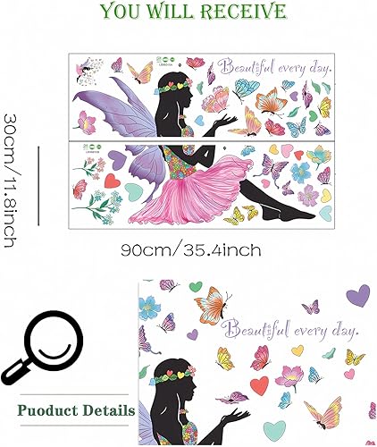 Miniatura 5 de Calcomanías de pared con diseño de princesa elfa, mariposa colorida, calcomanías de pared de sacinora Girl, vinilo extraíble para guardería