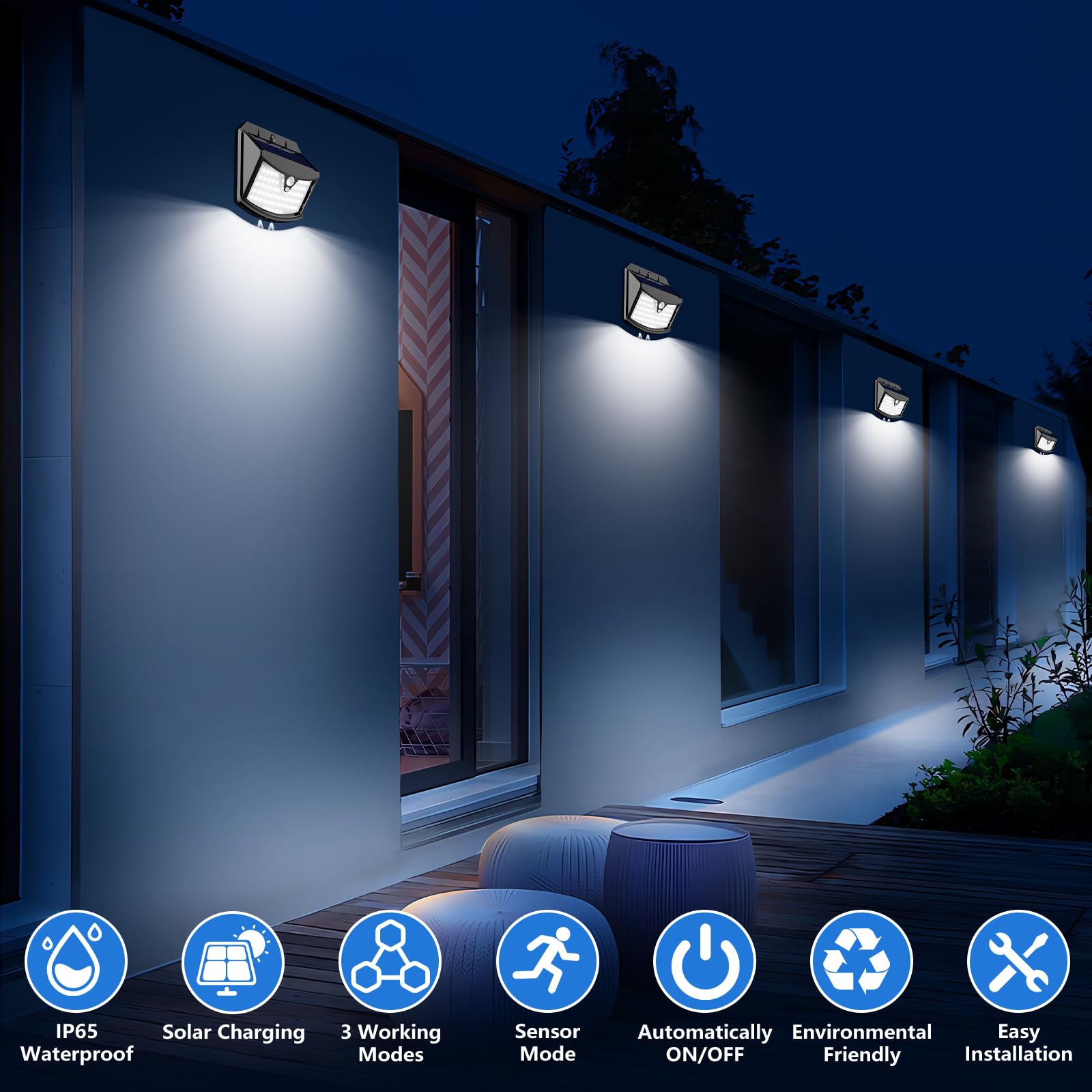 Luce Solare Led Esterno, 3 Modos IP65 Impermeabile Faretto LED da Esterno con Sensore di Movimento, Lampada Solare da Esterno per Giardino, Parete, Garage (8 Pezzi Bianco Freddo)