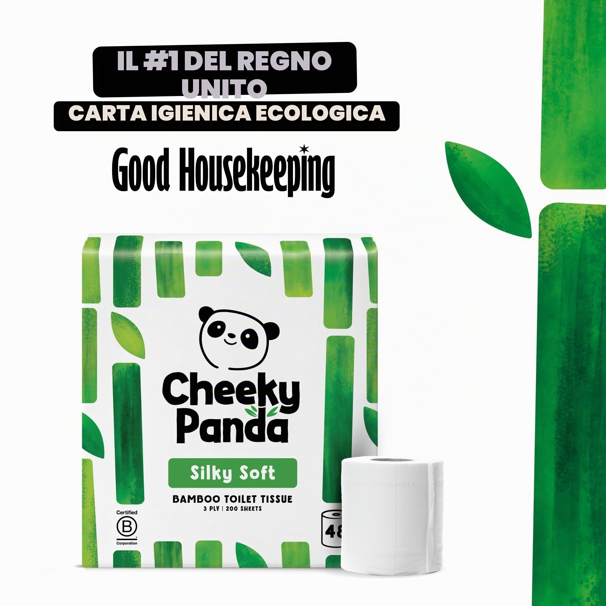 The Cheeky Panda Carta Igienica Bamboo | 48 x Rotoli Carta Igienica 3 Veli | 200 Soffici Fogli | Biodegradabile ed Ecológico | Senza plástica