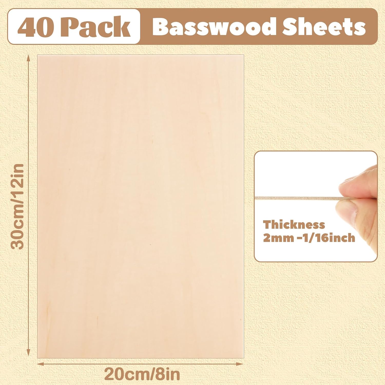 MIVIDE 40 Pack Basswood Sheets, 8"x12" Craft Plywood Sheets, 2mm Basswood for Laser Cutting, Plywood Board Unfinished Wood for Crafts DIY Ornaments and Models Engraving Drawing