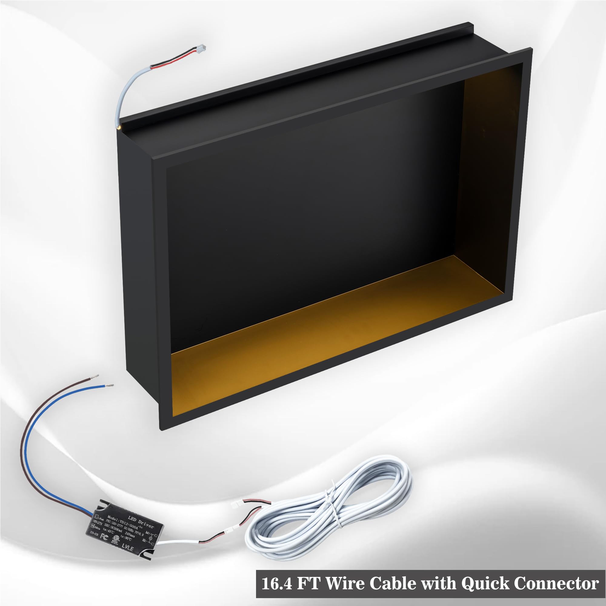 FTL Nicchia da Parete per Doccia in Acciaio Inox con Luce LED 45x30cm,Nero Nicchia da Doccia Incasso con 3000K Bianco Caldo LED,Senza Piastrelle,Impermeabile Nicchia per Bagno