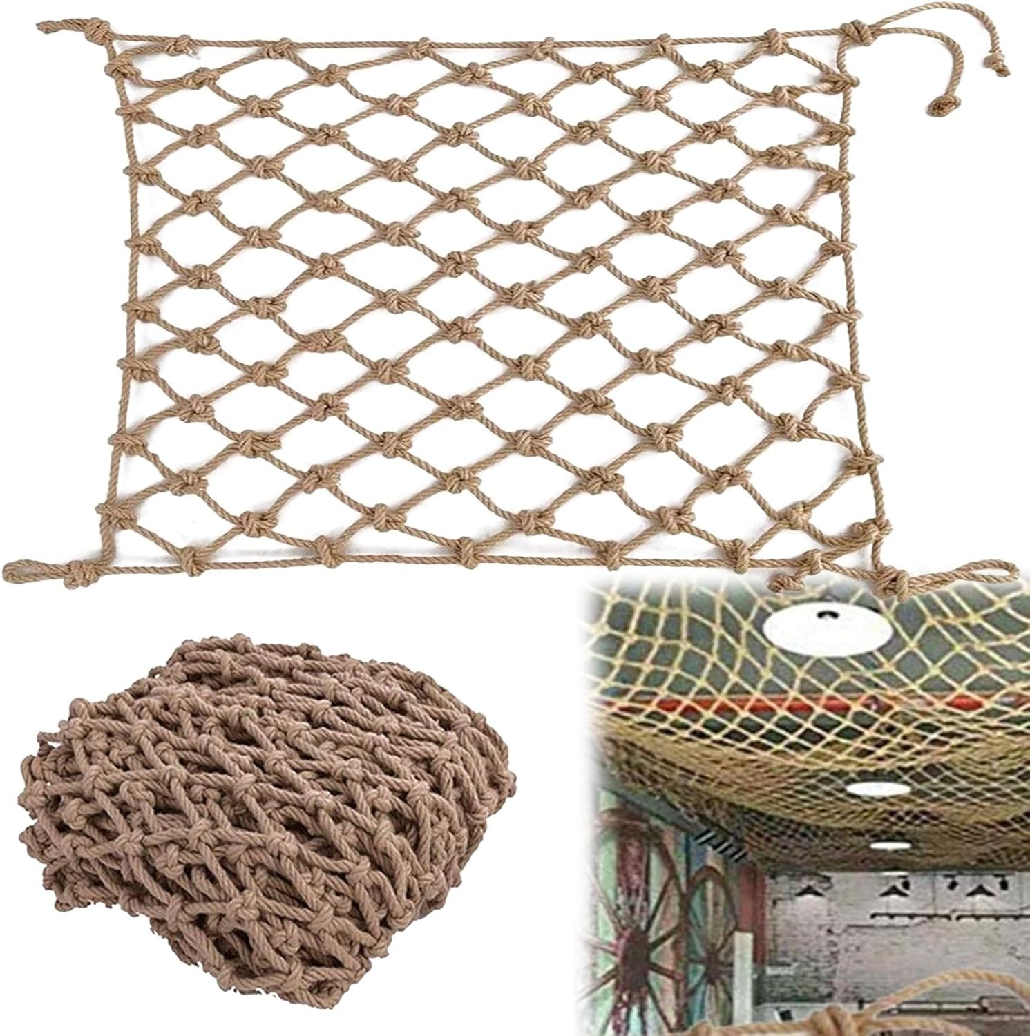 Filet en corde de chanvre artisanal tressé main pour aménagement de plafond