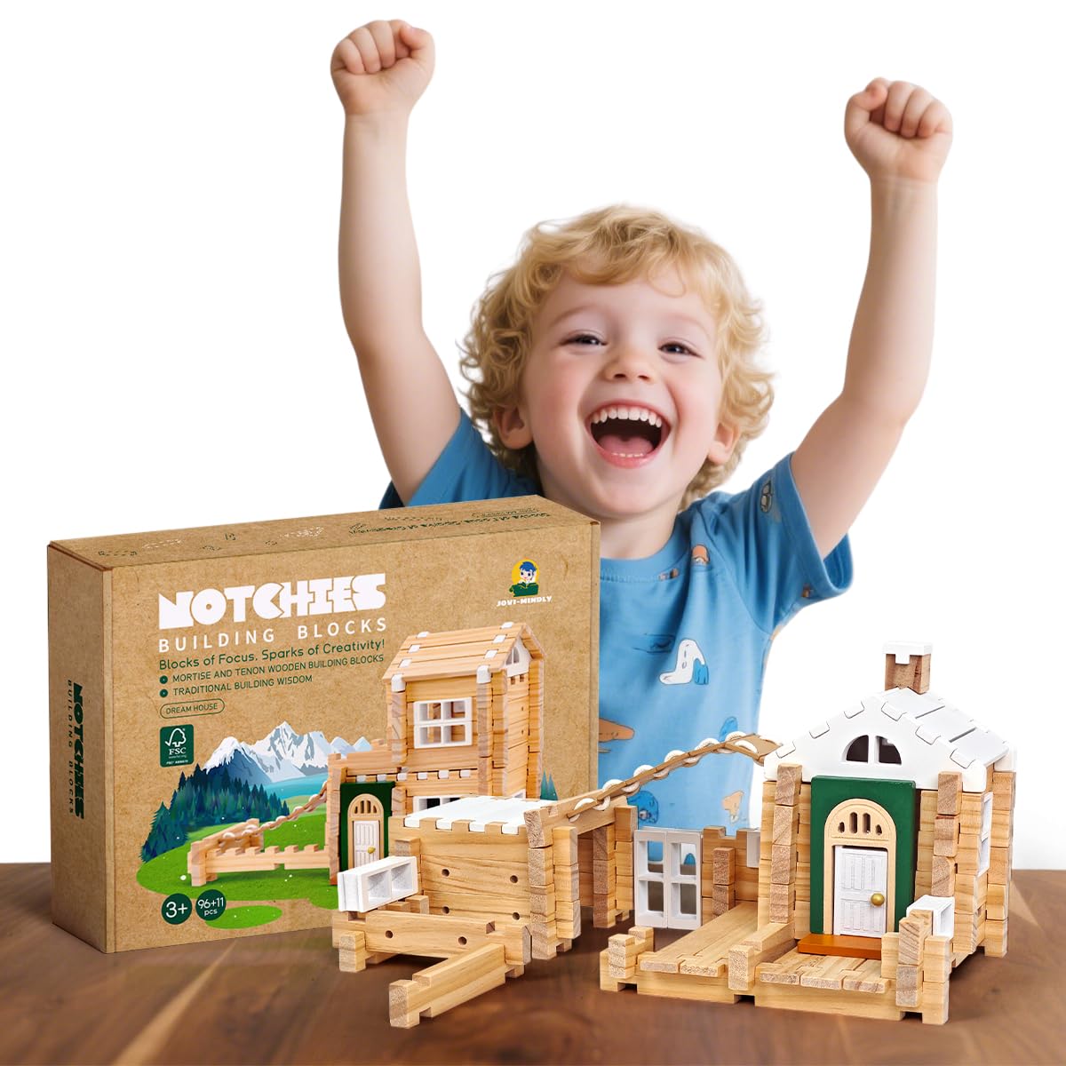 Jovi-mindly?Notchies 107 Pcs Wooden Blocks Toys with Door and Windows,Classic Old Fashioned Toys,Wooden Building Blocks for Kids Ages 4-8 Boys and Girls,FSC Certified,Graduate Gifts