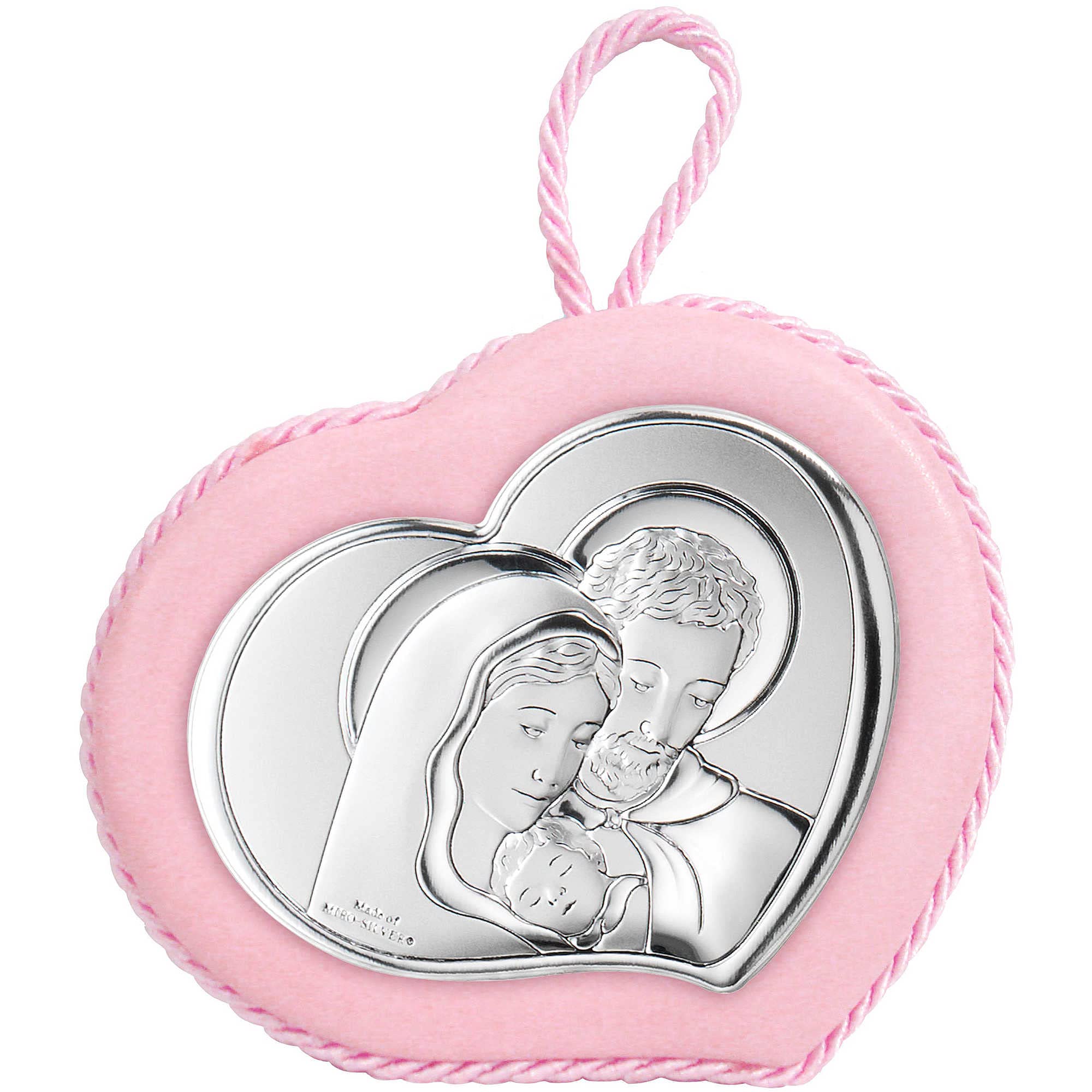 Medaglione di valenti. Medaglione con carillon sacra famiglia rosa delle dimensioni di 10x9cm. La referenza è 10552 ra