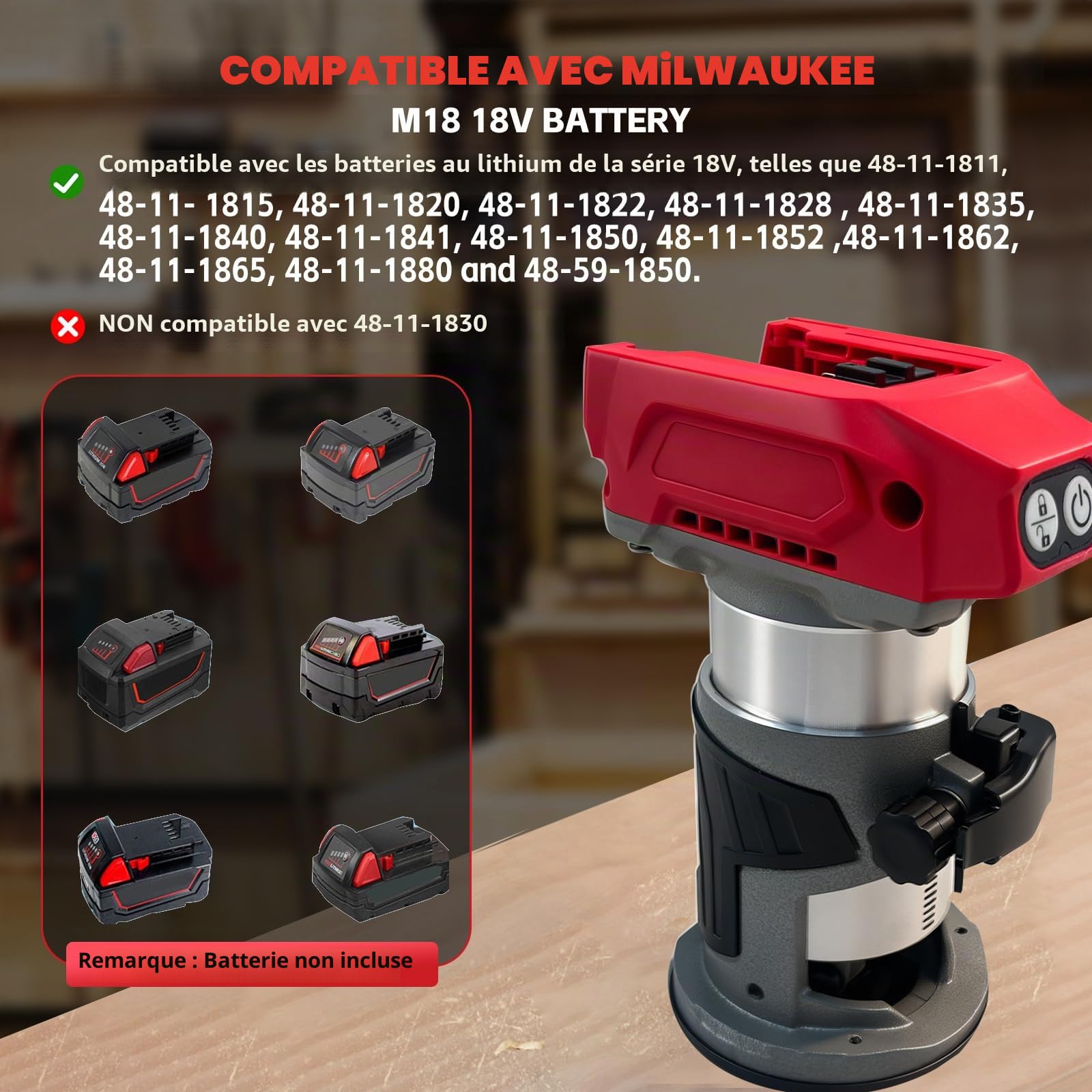 Défonceuse sans fil 800W pour batterie Milwaukee M18 18V, base en aluminium, défonceuse sans balais à 30000 tr/min avec 5 vitesses variables, défonceuse à main pour travail du bois, rainurage