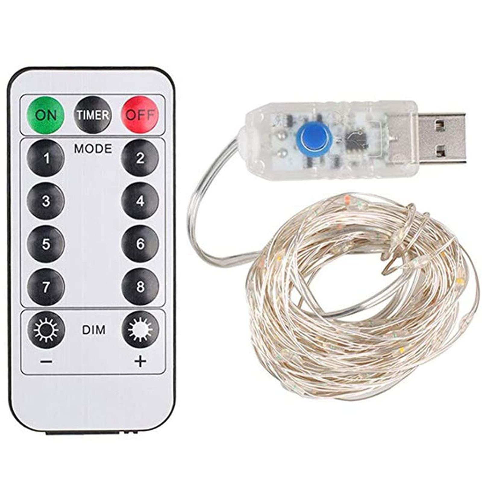 Luces de hadas de cadena LED, 33 pies, 100 LED, operados con el temporizador de control remoto Twinkle String Lights, alimentado por USB, Apto para interior y exterior.
