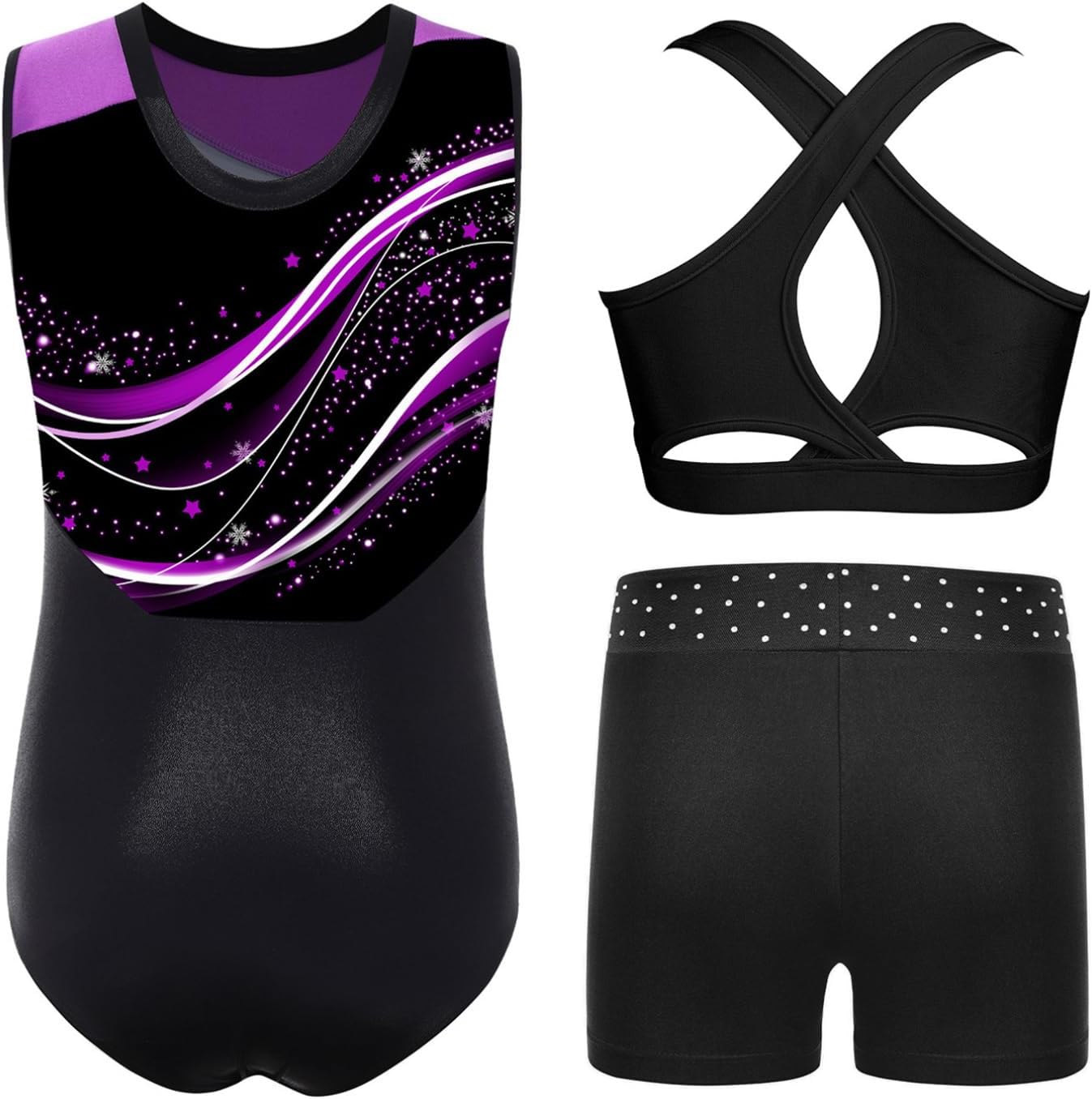 YiZYiF Girls Tumbling Dance Outfits Yoga Workout Sports Tracksuit 3 Piece Ballet Leotard Crop Vest with Shorts Set Purple 16 Years
