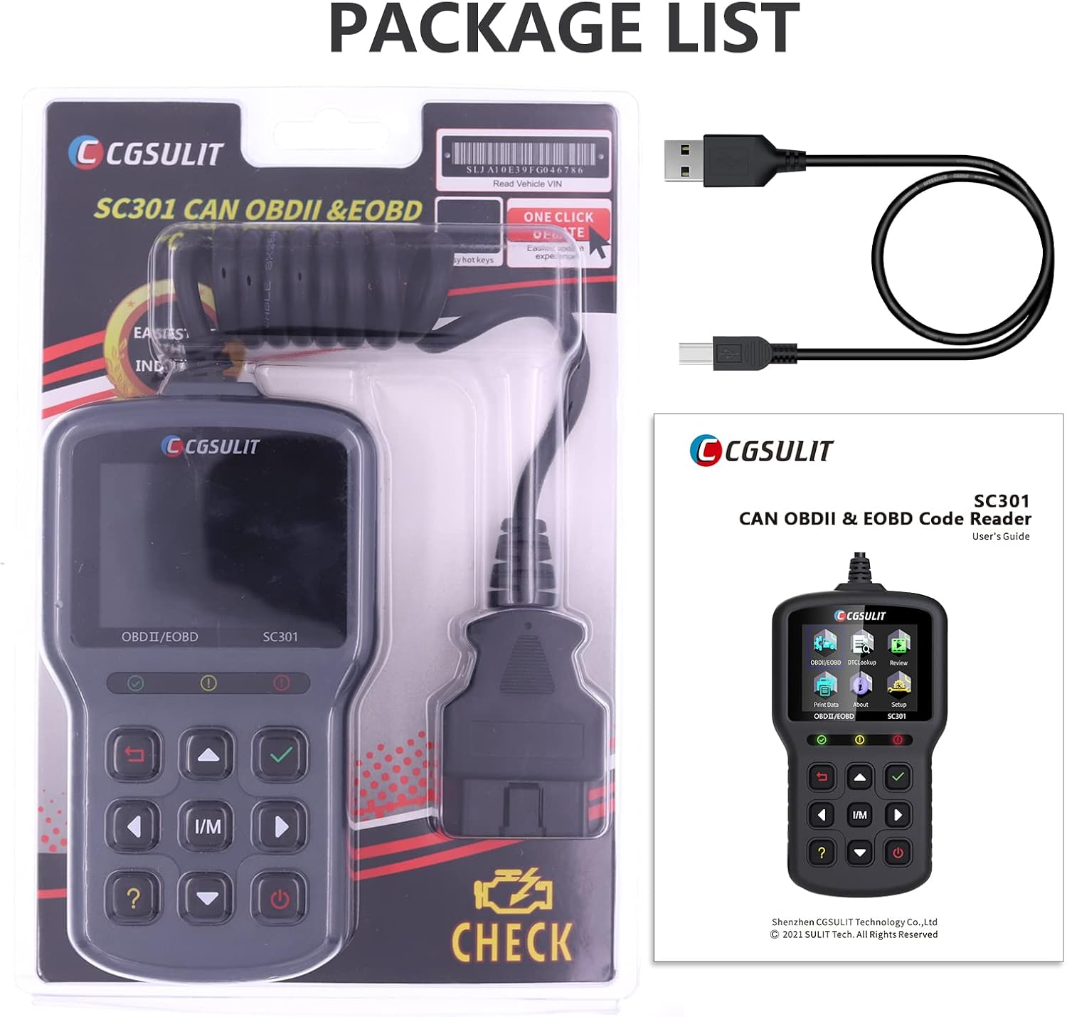 CGSULIT OBD2 Scanner Car Code Reader, SC301 OBDII Diagnostic Scan Tool for Vehicles Check Engine Light, Emission Analyzer, O2 Sensor Test, Smog Check, Car Health Monitor and Repair Tool, Black : Automotive