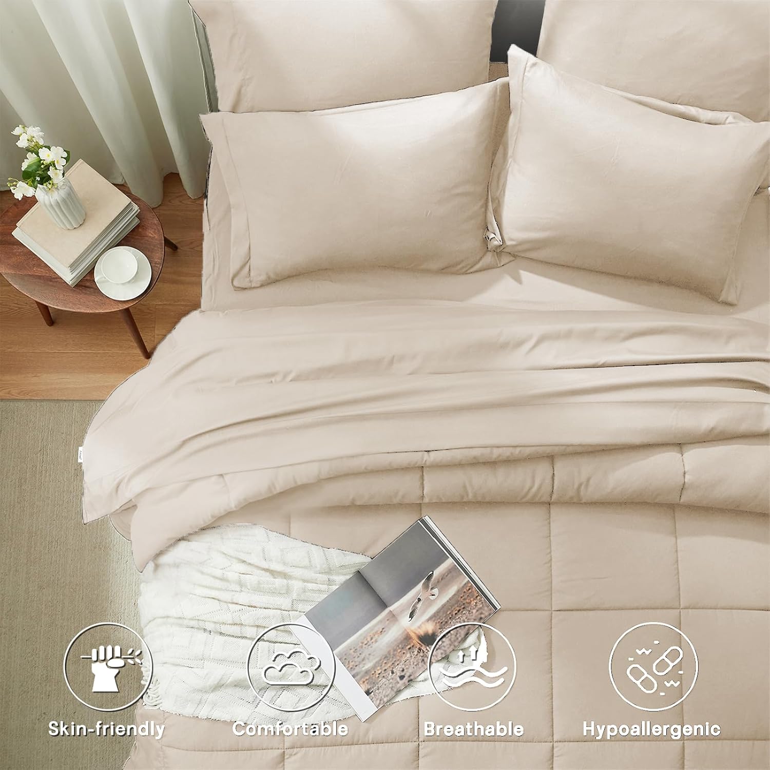 Anluoer Queen Comforter Set 7 Piece, Cream Bed in a Bag with Sheets, Comforters Queen Size Bedding Sets with 1 Comforter, 2 Pillow Shams, 2 Pillowcases, 1 Flat Sheet,1 Fitted Sheet - Image 4