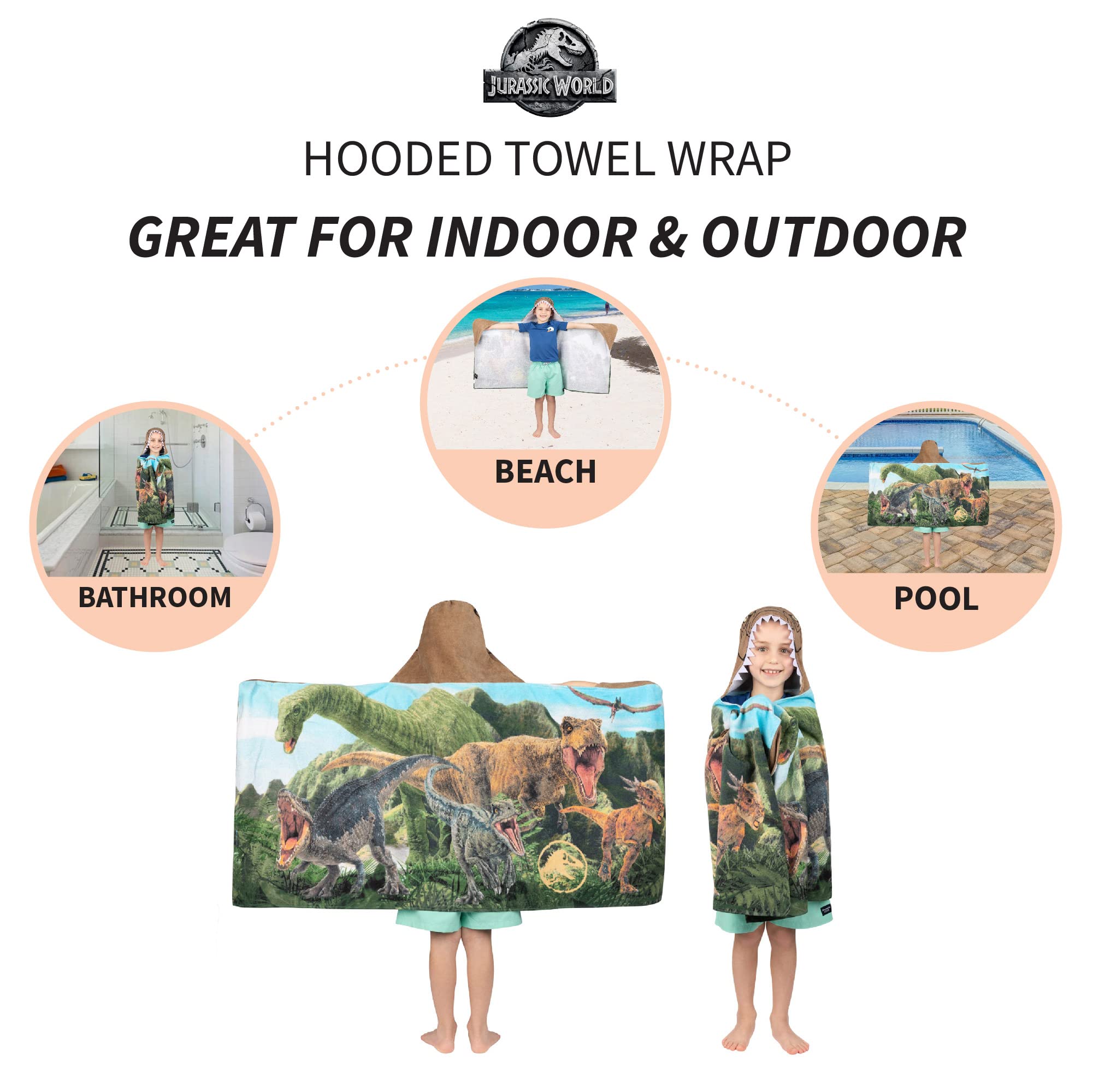 Franco Kids Bath and Beach Soft Cotton Terry Hooded Towel Wrap, 24 in x 50 in, Jurassic World Dominion