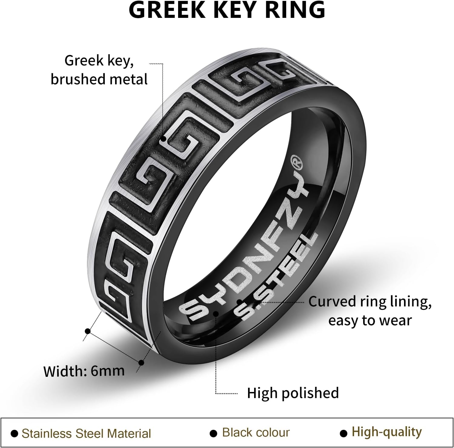 Mens Wedding Band Ring - Fashion Durable Stainless Steel Engagement Promise Rings for Men Women, 6mm Greek Key Ring for Men Couple Jewelry Gift Ring Size 6 7 8 9 10 11