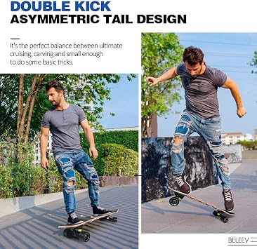 BELEEV Cruiser Skateboards for Beginners, 27 x 8 inch Complete Skateboard for Kids Teens Adults, 7 Ply Canadian Maple Double Kick Deck Concave Skateboard with Skate T-Tool