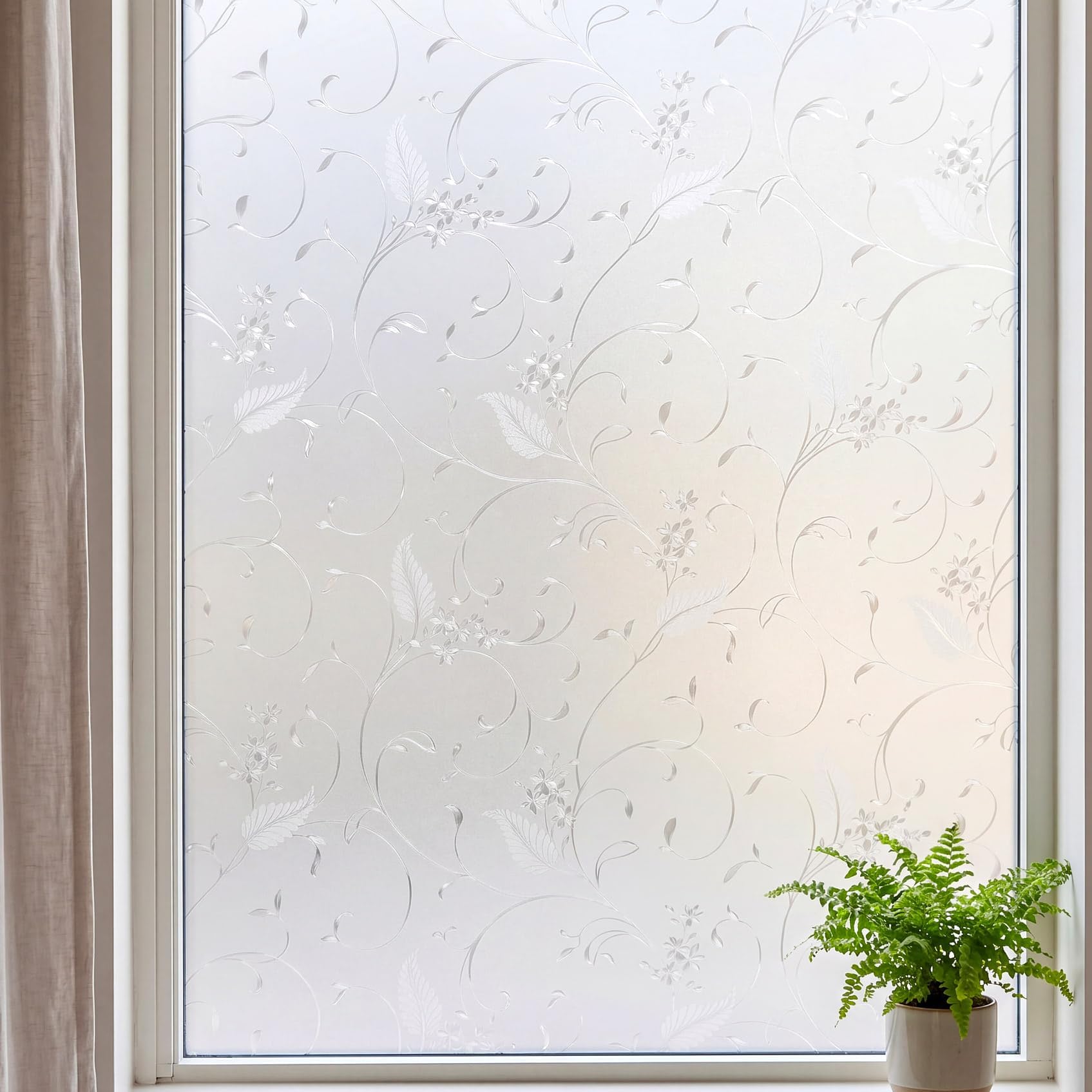 Mikomer Privacy Window Film Etched Flowers Static Cling Glass Door Film, Non Adhesive Heat Control Anti UV Window Cling for Office and Home Decoration,17.5 inches by 78.7 inches
