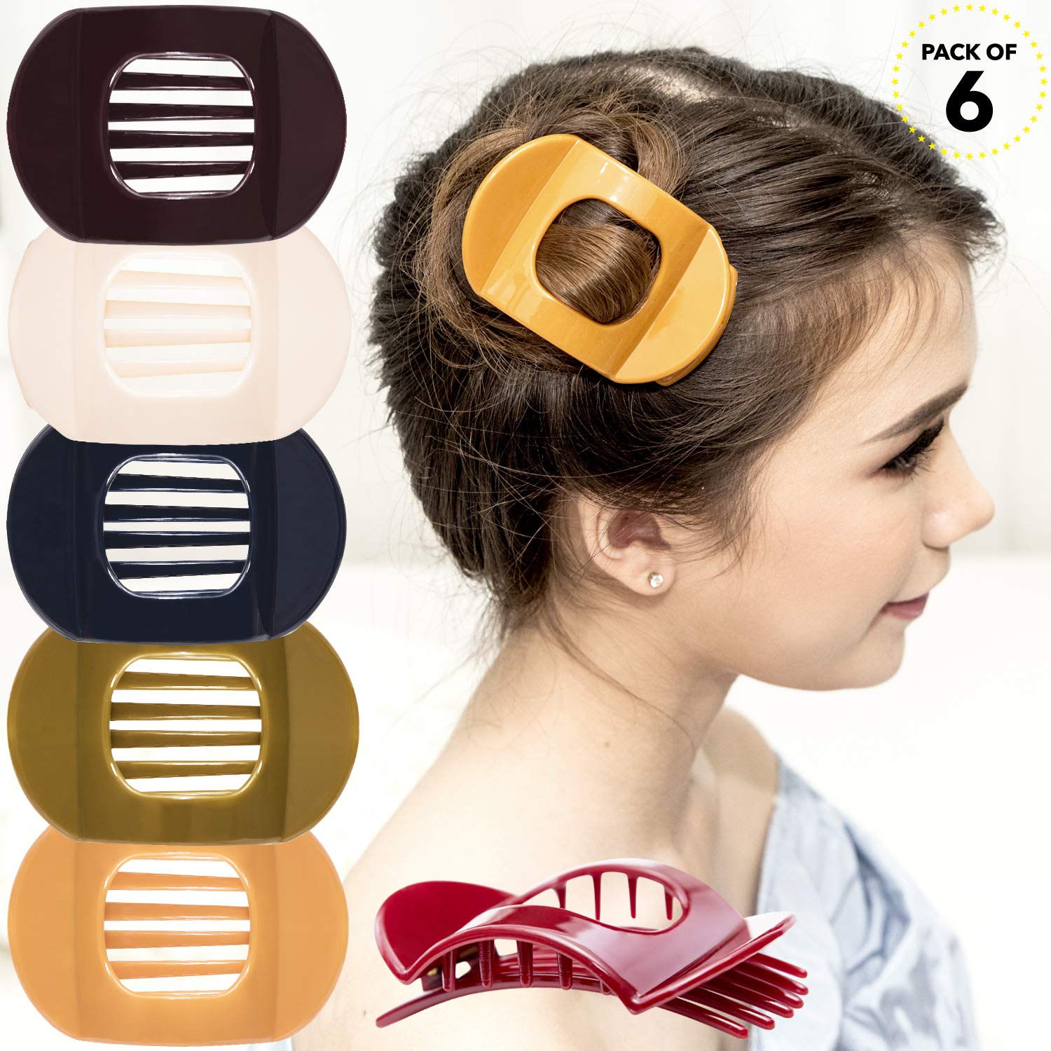 RC ROCHE 6 Pcs Flat Claw Hair Clips for Women Thick Hair French Round Duckbill Square Secure Strong Hold Grip Clamps Barrettes Curved No Slip No Crease Plastic Styling Cute, Medium Classic