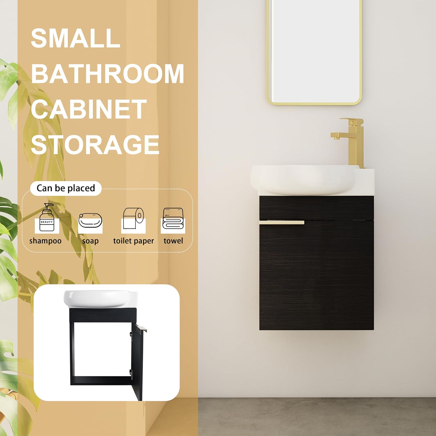 16" Wall Mounted Bathroom Vanity with Sink, Modern Floating Cabinet with Ceramic Basin&Soft Close Door, Bathroom Vanity Storage Cabinet Set for Small Bathroom