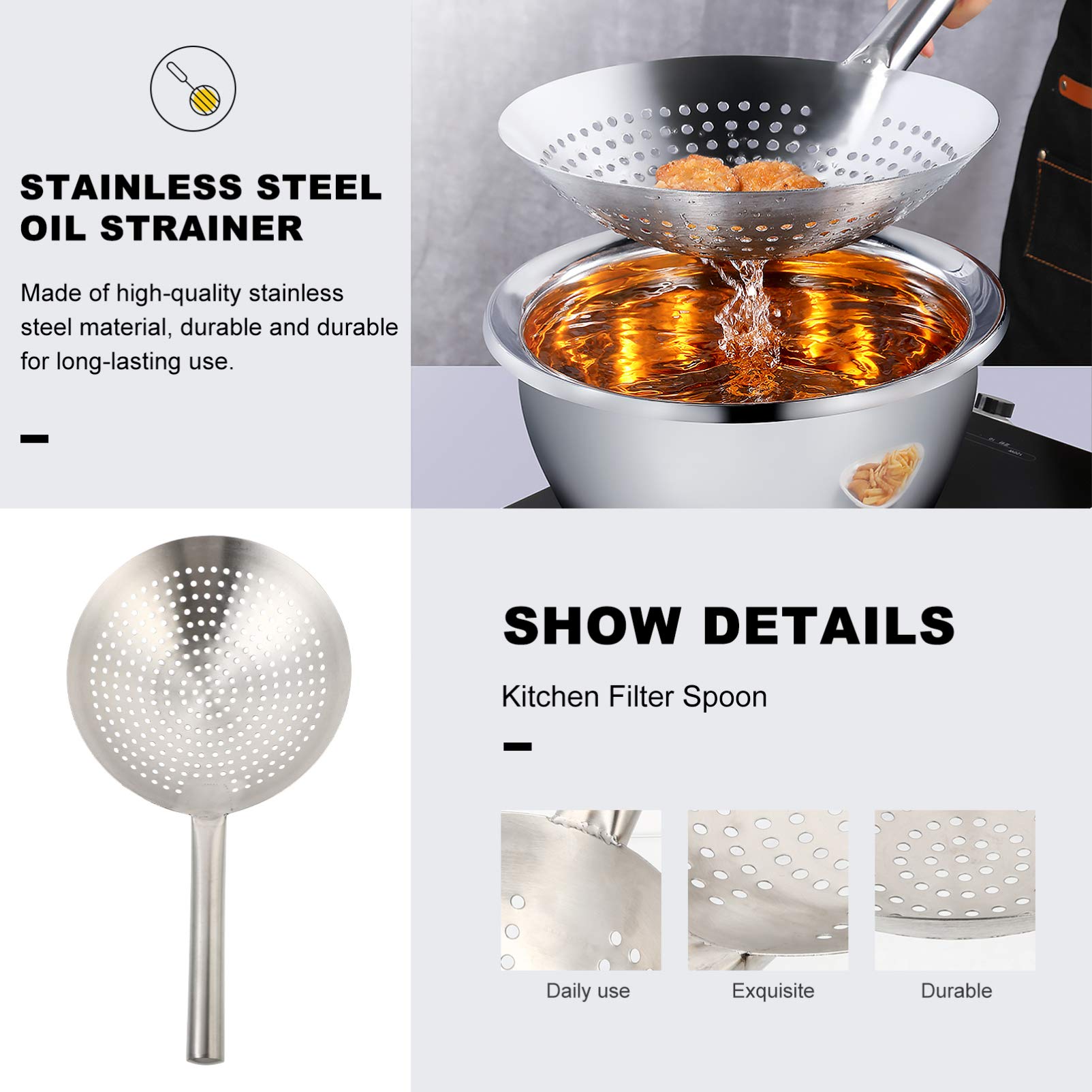 Housoutil Skimmer Küche Schaumlöffel Edelstahl Abseihlöffel Schaumkelle Ölfilter Löffel Schlitz Löffel Sieb Schöpflöffel Nudelsieb Mesh Sieb für Restaurant Hause Küche Hot Pot 28CM