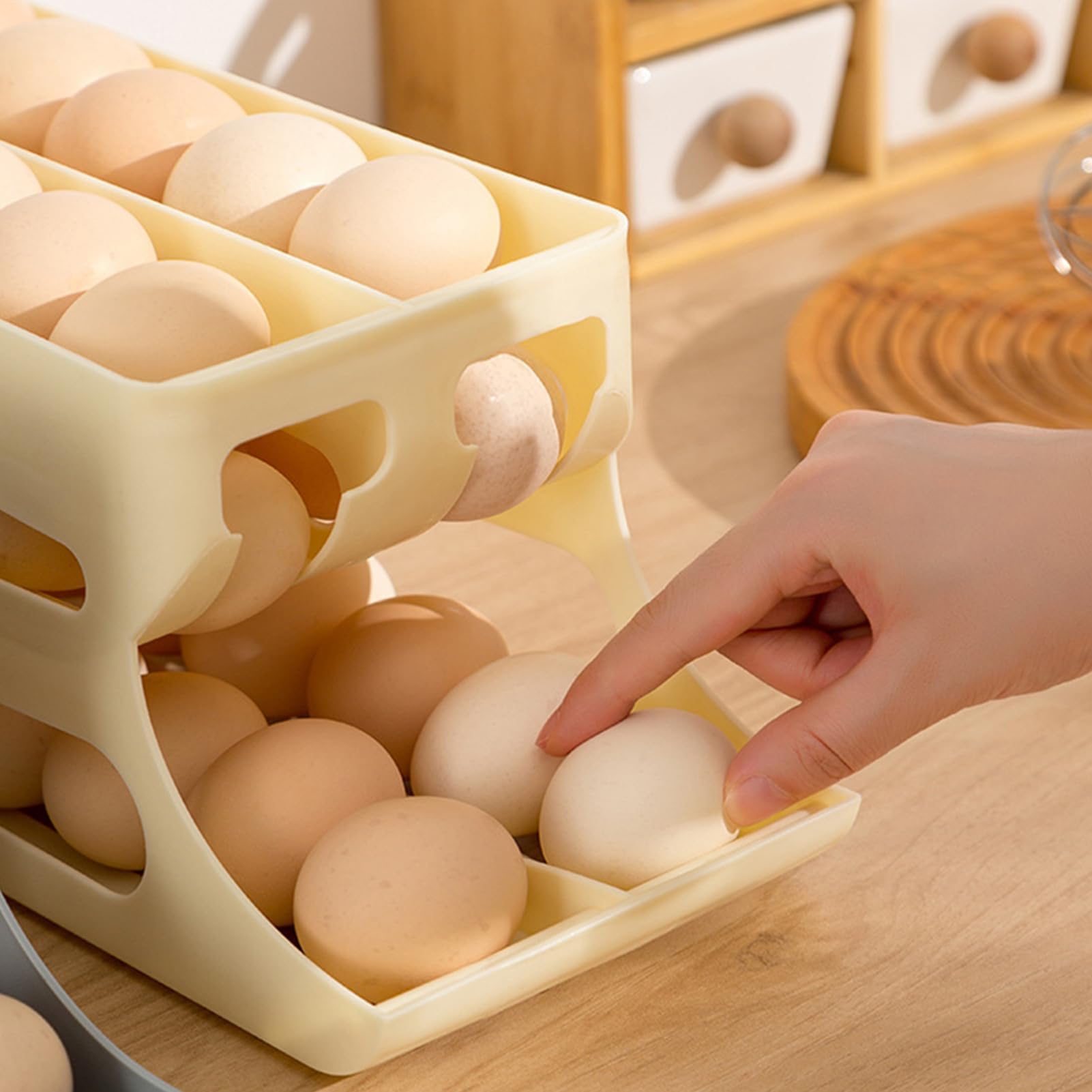 Contenitore per uova arrotolabile automatico, 3 livelli, per frigorifero, bancone della cucina, campeggio e viaggi