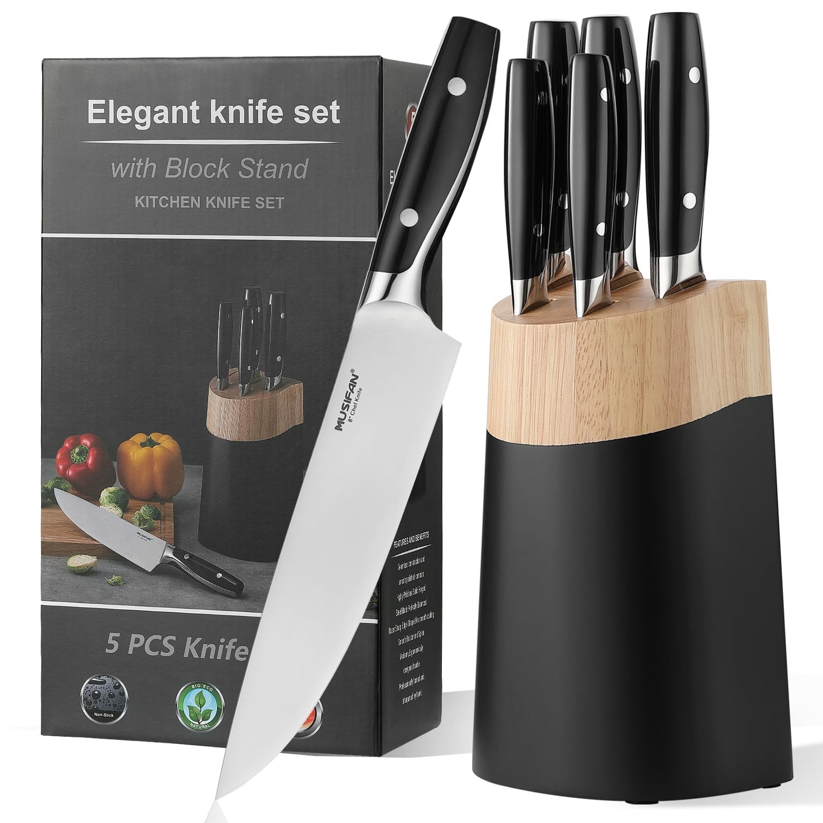 6-Piece Knife Block Sets Stainless Steel Kitchen Knife Set with Block High Carbon Black Knives Dishwasher Safe Holiday