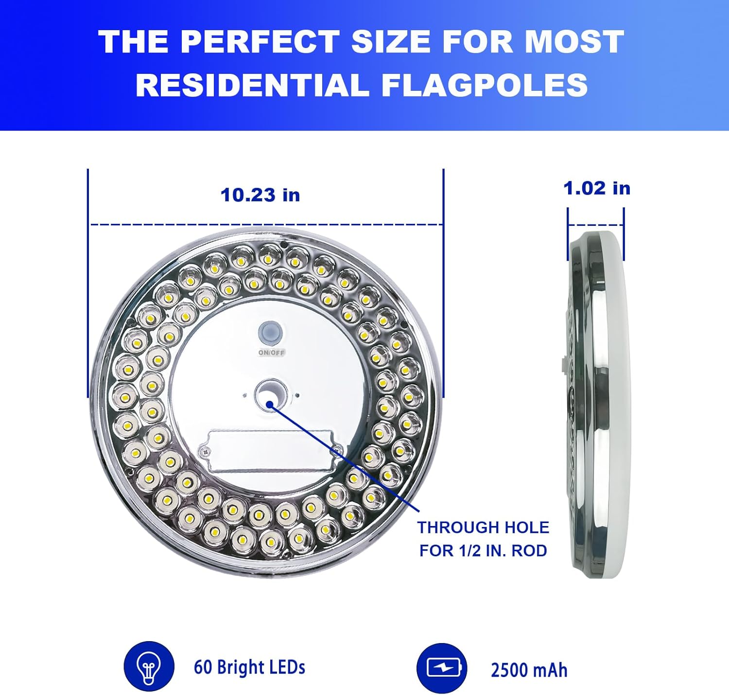 Flag Pole Light Solar Powered Outdoor, IP65 Waterproof Solar Flagpole Light Top Mount, 60 LEDs 100% Flag Coverage Fits Most 15-25 FT Outdoor Flag Poles from Dusk to Dawn (Silver)