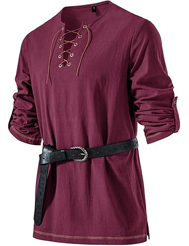 JEMITOP Men's Pure Cotton Vintage Lace Up Shirts for Pirate Renaissance Viking Medieval Costume Without Belt - Burgundy - Large