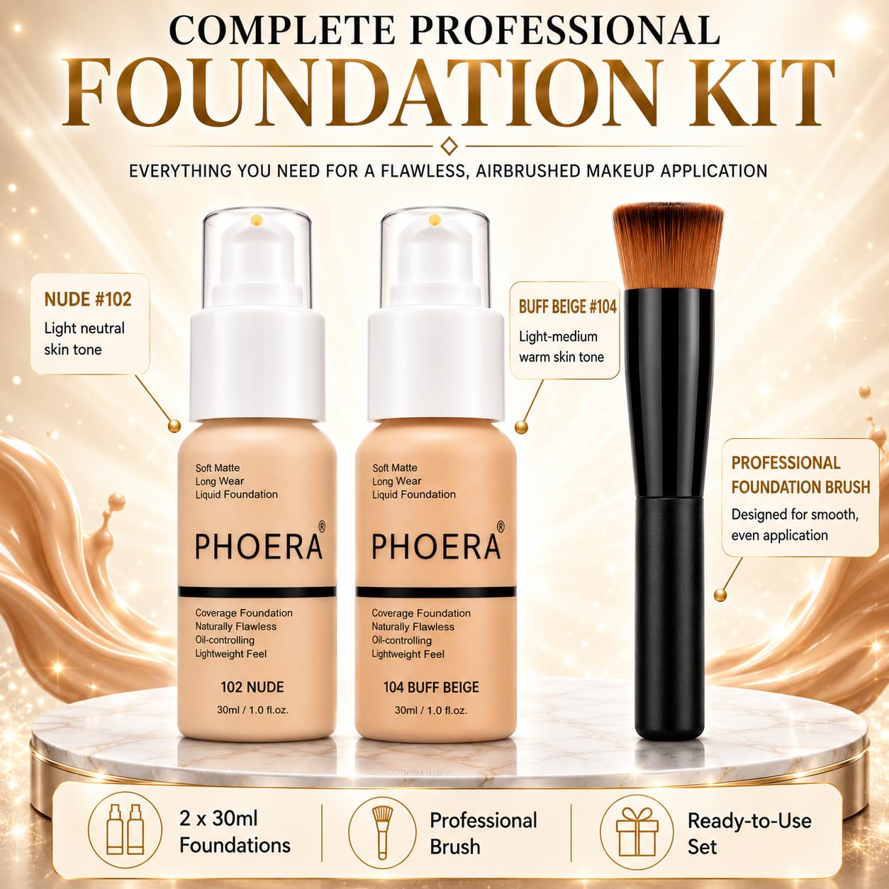 Glamza PHOERA Foundation 102 e 104,Fondotinta a copertura totale, copertura completa, 30 ml, 24 ore di controllo dell'olio opaco (Buff Beige #104) (Nudo #102) + pennello liquido fondotinta