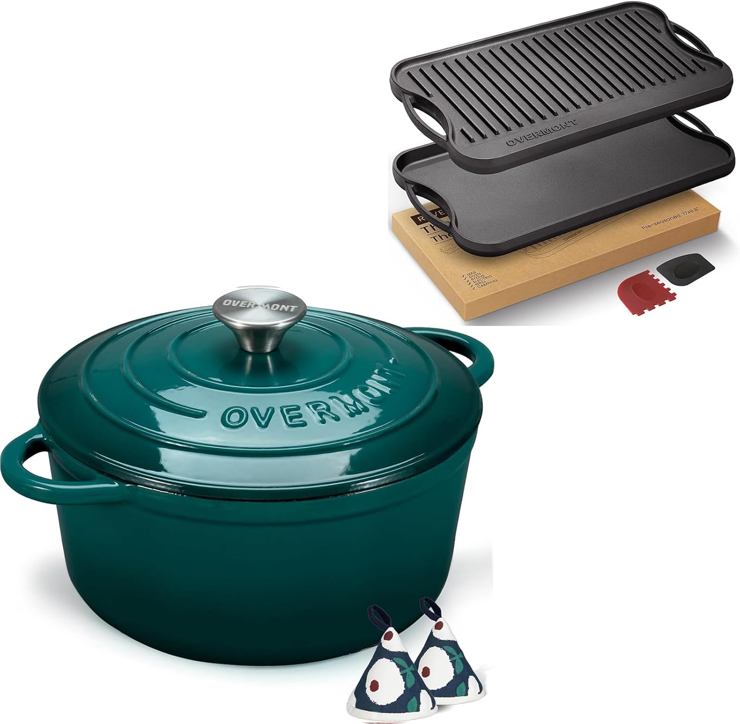 Overmont Enameled Cast Iron Dutch Oven 5.5QT bottle green + Overmont Pre-seasoned 17x9.8" Cast Iron Griddle combo