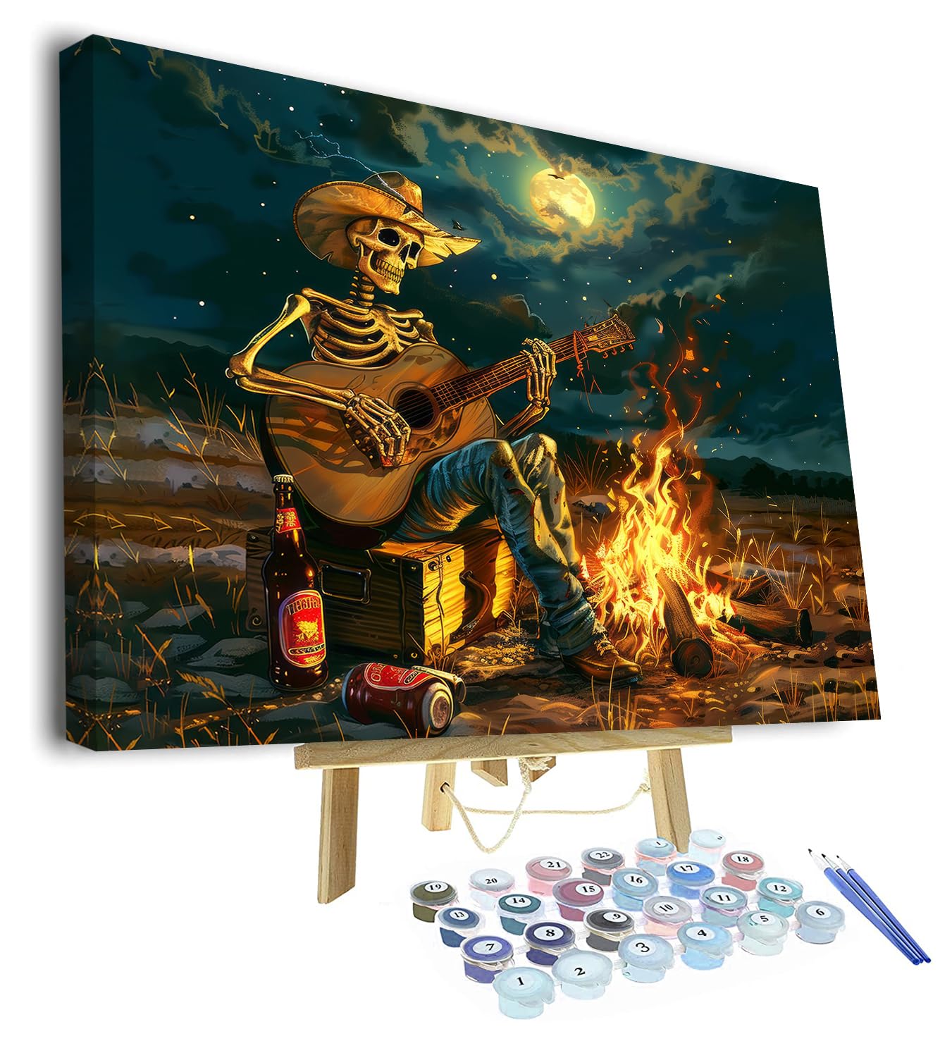 Paint by Numbers for Adults Skeleton Painting by Number for Adult Skeleton Playing The Guitar by The Bonfire Adult Pain-by-Number Kits Unique Gift - 16"x20", with Frame — image 1