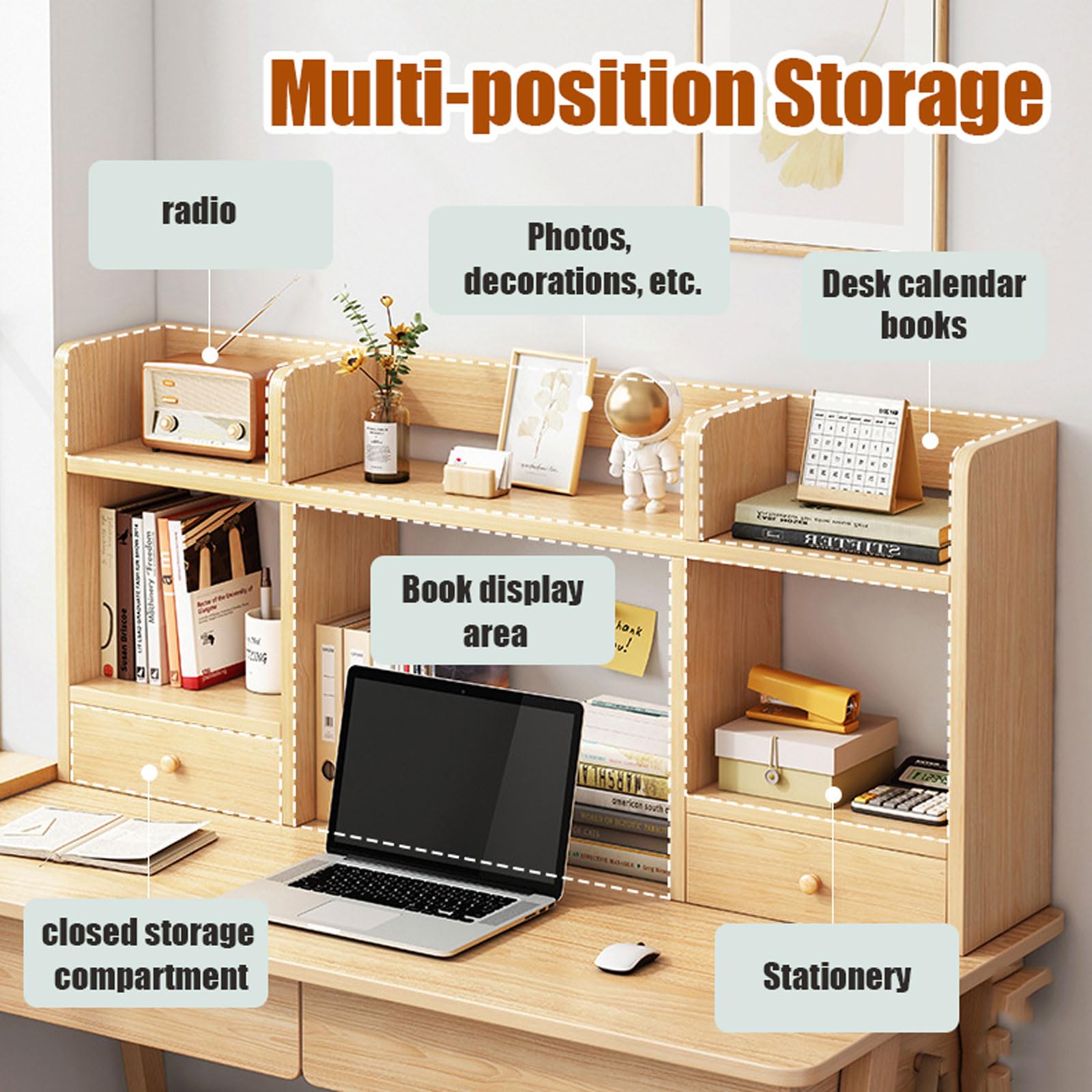 Schreibtisch-Bücherregal aus Holz – 3-stöckiges Bücherregal mit 5 Regalen, stilvolle Aufbewahrungsnizer für Büro, Zuhause und Wohnheim – perfekt für Computertisch und Präsentationsbedarf