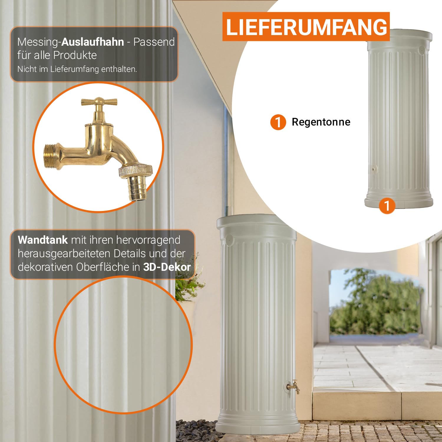 GARANTIA Säulentank Regentonne 500 Liter sandbeige Regentonne, Wassertank | Regenfass, Regenwassertonne, Wasserbehälter, Regenwassertank, Wasserfass, Wassertonne, Wasserfass 500 Liter