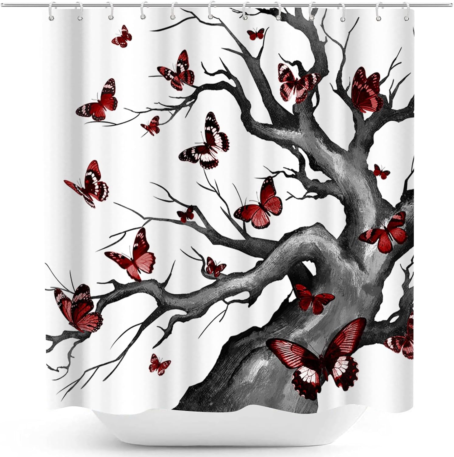 Butterfly Shower Curtain Tree of Life Bathroom Curtain Red Black and White Bathroom Decor Home Decoration with Hooks 72"x72"