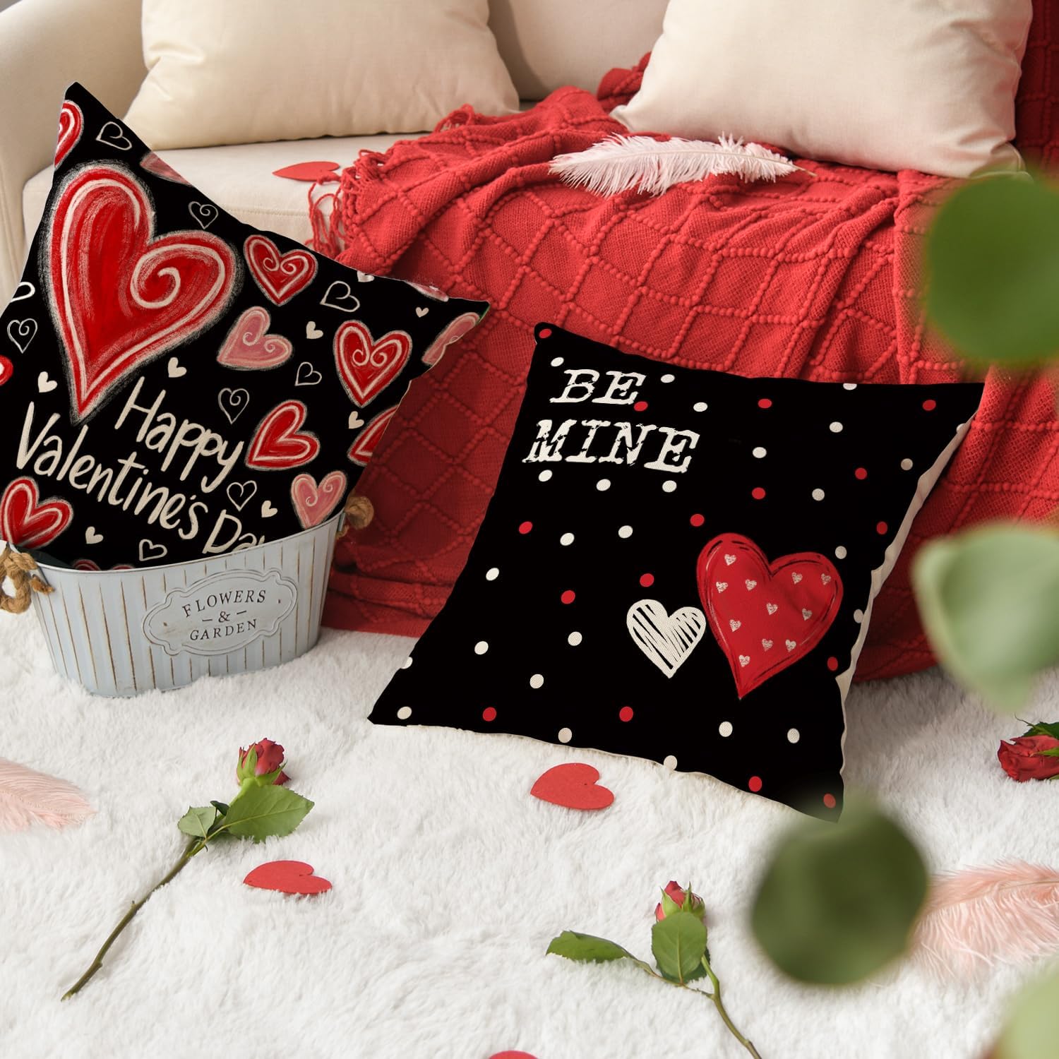 AVOIN colorlife Happy Valentine's Day Red Heart Throw Pillow Covers, 18 x 18 Inch Love You Be Mine Black Anniversary Wedding Cushion Case Decoration for Sofa Couch Set of 4 - Image 5