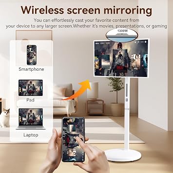 32 FHD Smart Portable TV, Portable TV on Wheels with Rotatable Touch Screen, 8GB + 128GB Storage, Android 13 OS, Rolling TV with Full Swivel Rotation, Voice Remote, Built-in 13MP Webcam