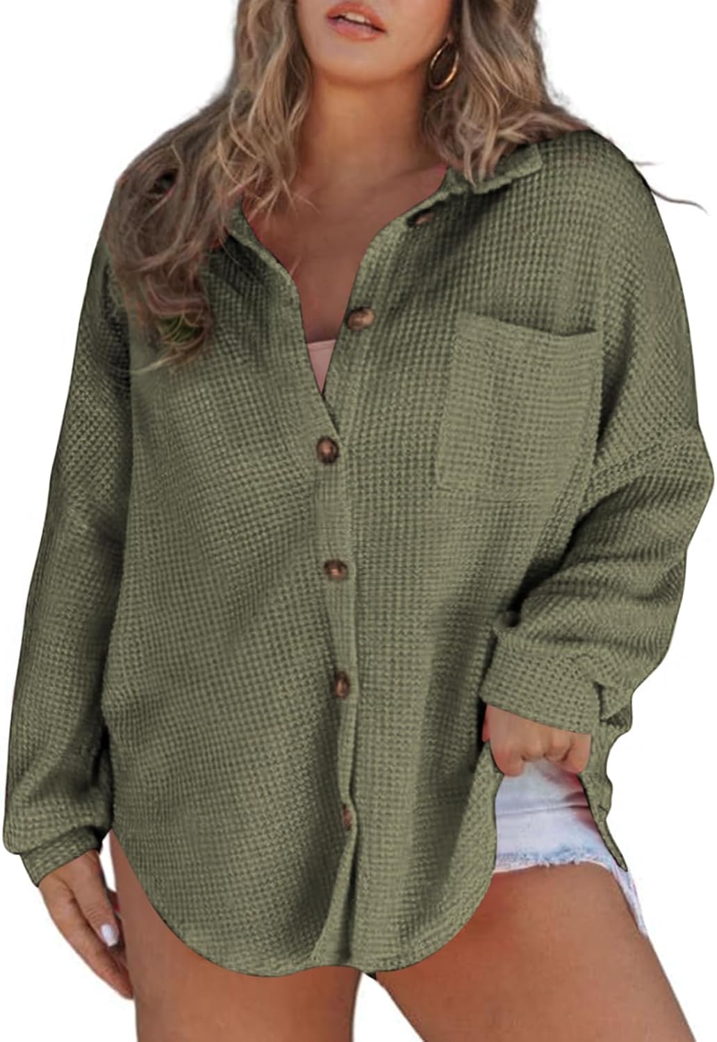 Eytino Womens Plus Size Boyfriend Shirts Casual Long Sleeve Button Down Oversized Waffle Knit Shacket Jacket(1X-5X)