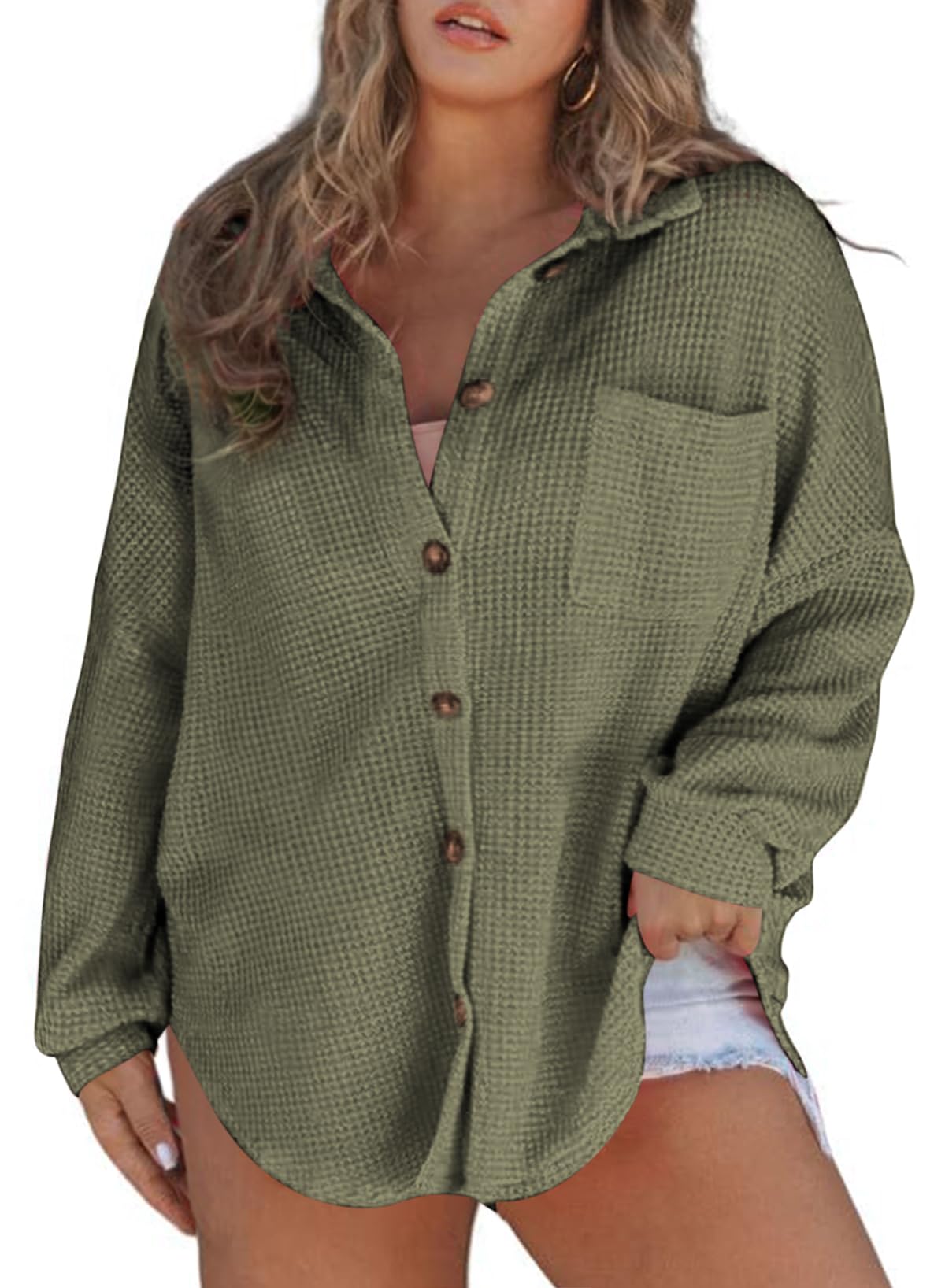 Eytino Womens Plus Size Boyfriend Shirts Casual Long Sleeve Button Down Oversized Waffle Knit Shacket Jacket(1X-5X)