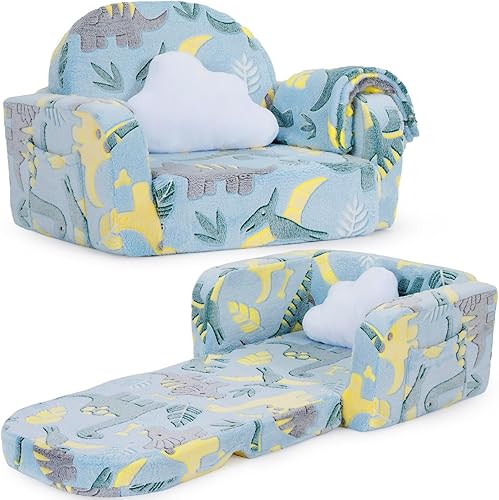 Sofá para niños, sofá suave 2 en 1 plegable con manta y almohada de nube, brilla en la oscuridad, silla para niños pequeños, sofá convertible,