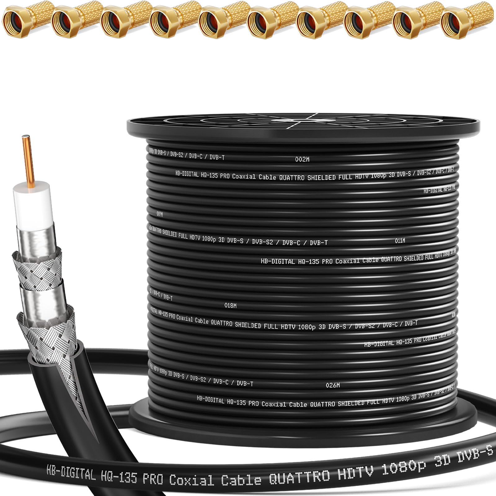 HB-DIGITAL 250m Cable Coaxial HQ-135 Cable de Antena 135dB Cable SAT 8K 4K UHD 4 Veces Apantallado Para Sistemas DVB-S / S2 DVB-C / C2 DVB-T / T2 DAB+ Radio BK + 10 F-Plug GRATIS