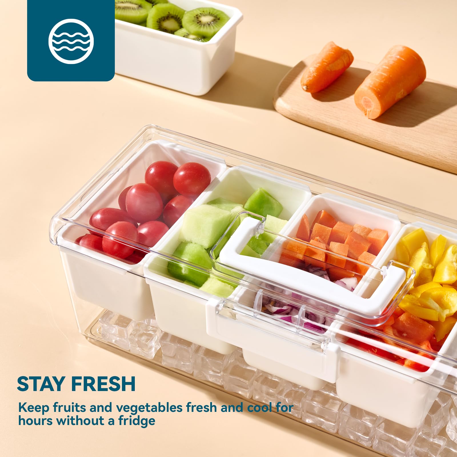 Lot de 2 plateaux à condiments réfrigérés avec 5 compartiments amovibles et poignée cachée, organisateur de condiments glacés, plateau de service transparent pour camping, fruits, salade
