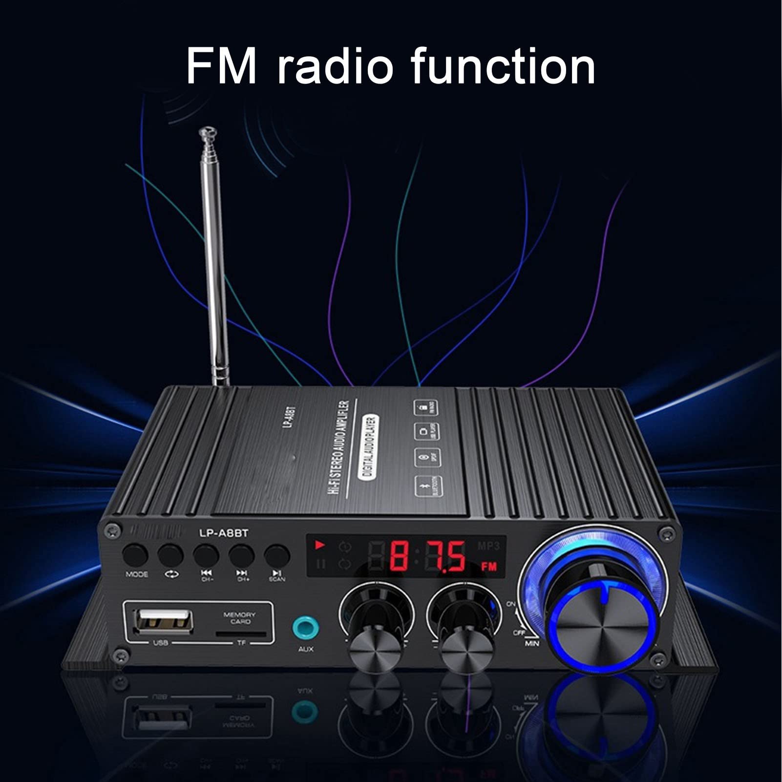 Amplificatore Stereo BT 5.0, Portata Wireless Oltre 40 Piedi, con Display a LED Digitale, Antenna Attrezzata e Telecomando, Ricevitore Stereo da 40 W X 2 per Auto da Casa