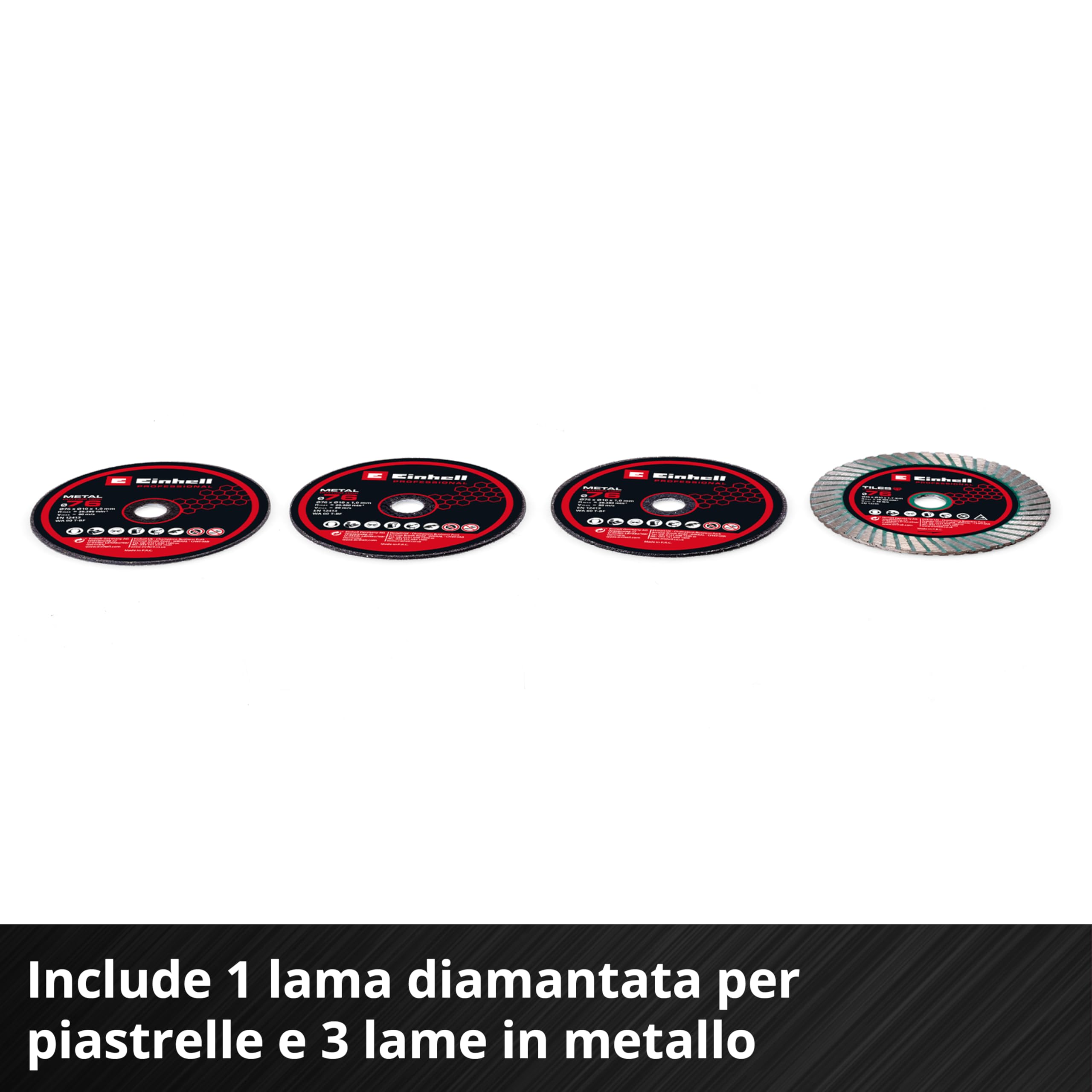 Smerigliatrice Einhell Professional TP-CO 18/76 Power X-Change (18 V, brushless, disco Ø 76 mm, profondità di taglio 16 mm, impostazione profondità di taglio, incl. 4 dischi, batteria esclusa)