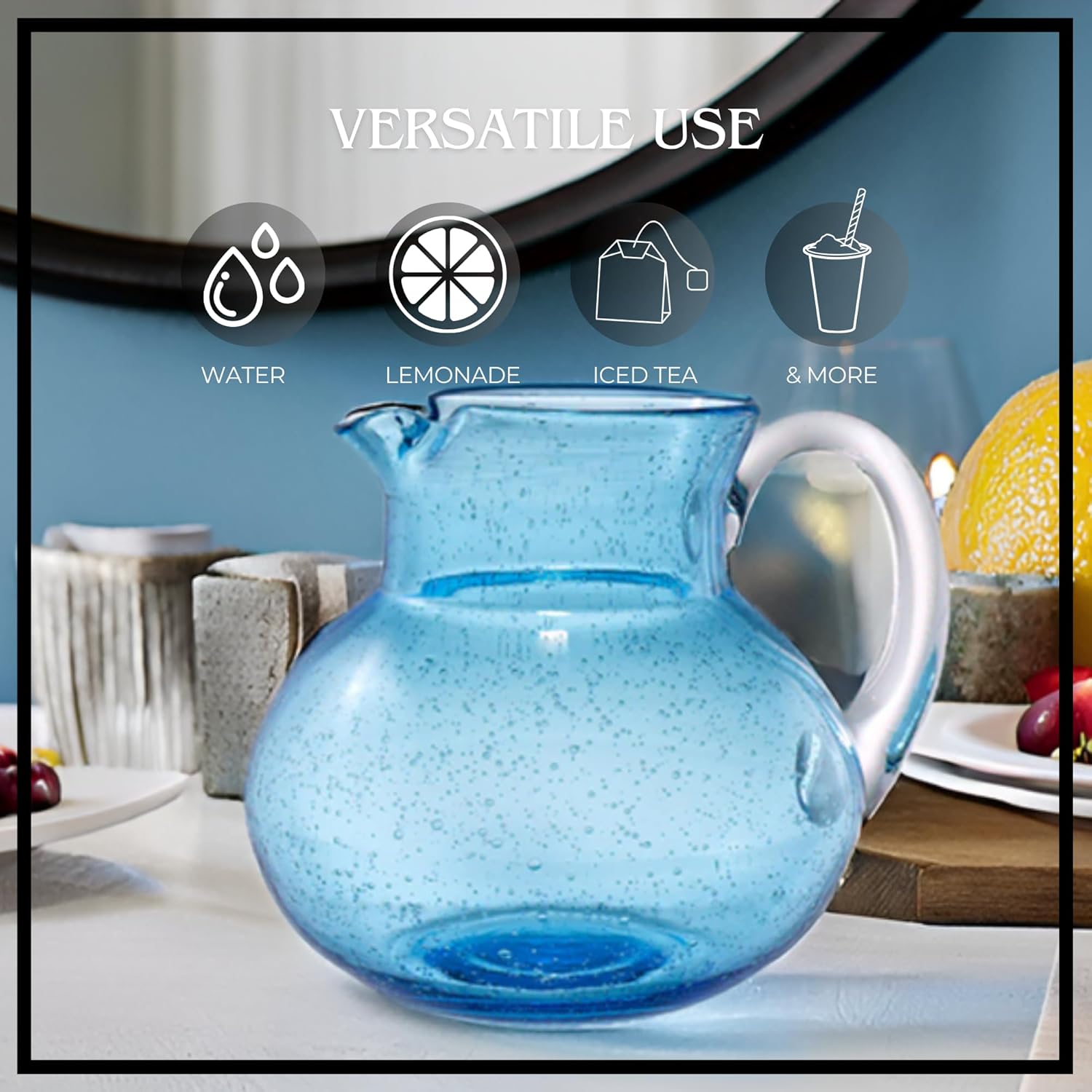 Artland Iris 90 Oz Handblown Glass Pitcher - Bubble Shape, Lead-Free - Versatile Drink Dispenser for Water, Juice, Cocktails - Enhanced Kitchen Decor, Dishwasher Safe (Turquoise)