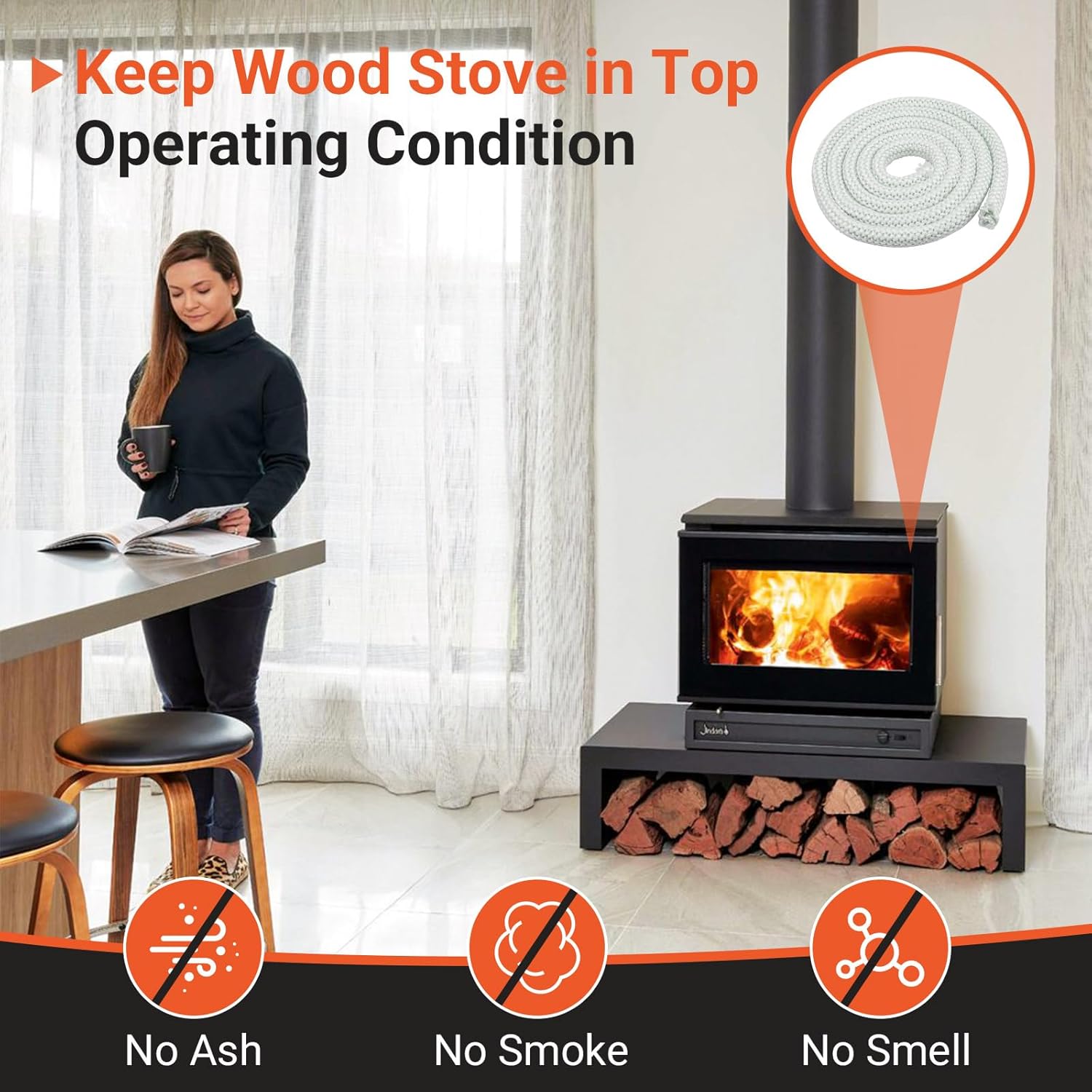 GJK 1 Inch Wood Stove Door Gasket Rope, Fiberglass Replacement Gasket Rope Seal for Fireplace Doors, Oven,Pellet Stove,Central Boiler, 10 FT Fireplace Seal Rope