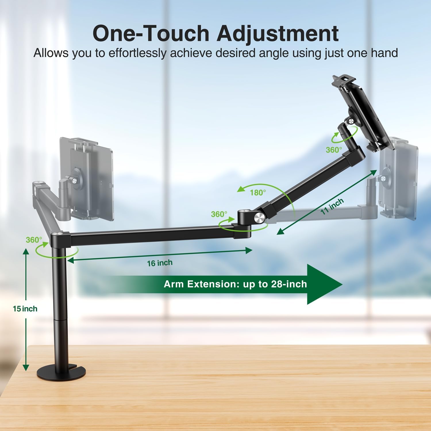 elitehood Long Arm iPad Desk Mount with Grommet Mounting Base, Heavy Duty Aluminum Tablet Holder for Desk, Swivel Arm Mount for iPad Pro 13/12.9 Air Mini, iPhone and 4.7-13in Tablets