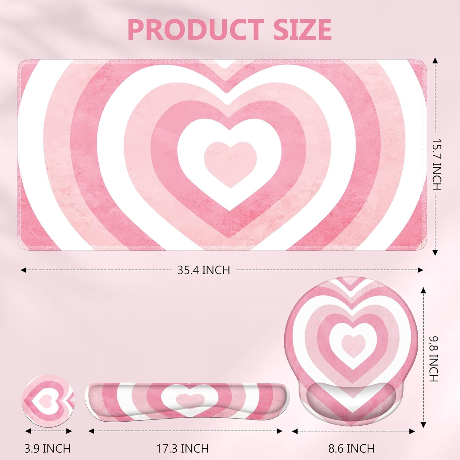 iLeadon Pink Desk Mat, Desk Pad + Pink Mouse Pad with Wrist Rest + Keyboard Wrist Rest + Coaster, 4in1 Mouse Pad Set, Mouse and Keyboard Pad for Home Office, Heart Pink
