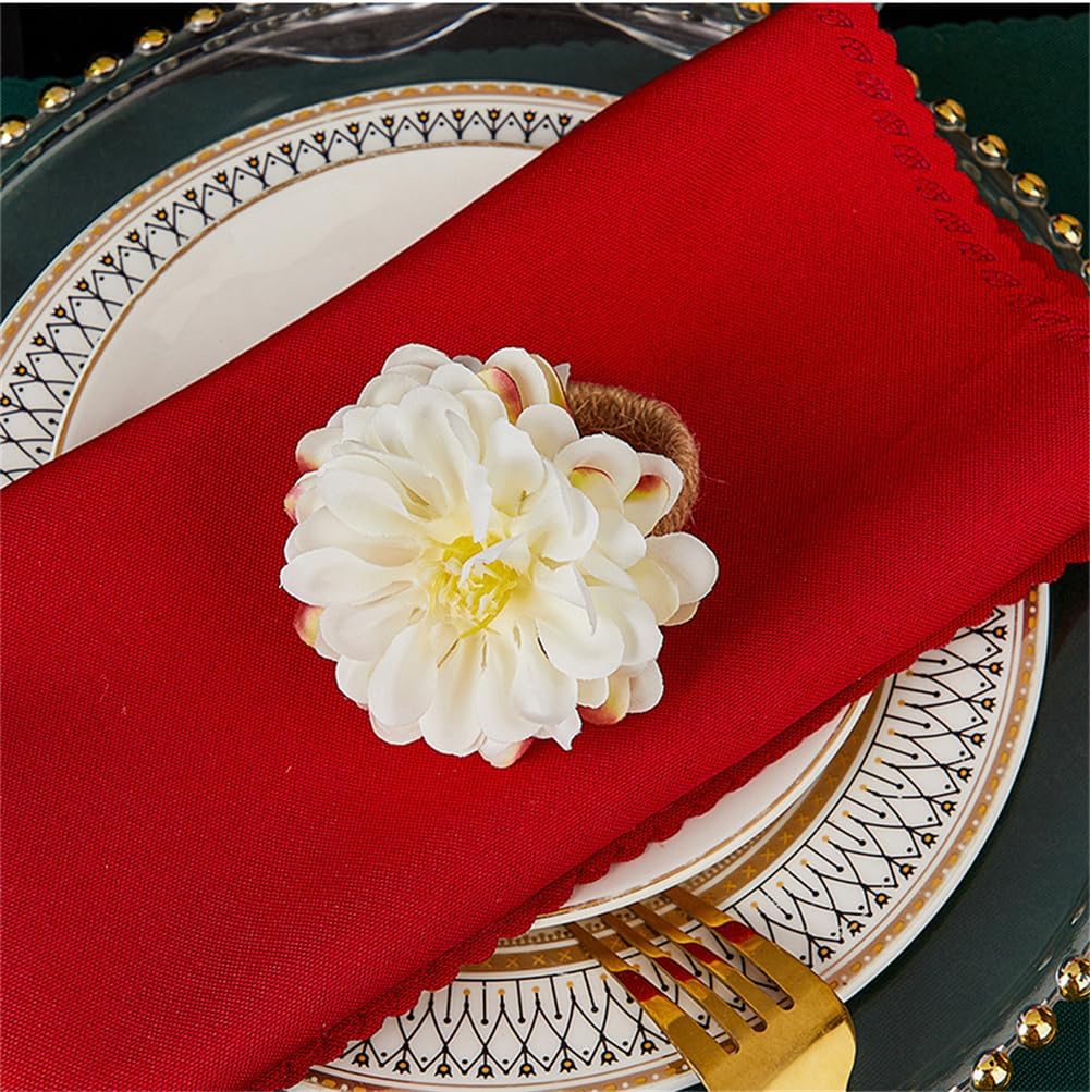 White Floral Napkin Rings Set of 6,Rustic Rose Napkin Rings Flower Dinner Napkin Holder for Table Decoration