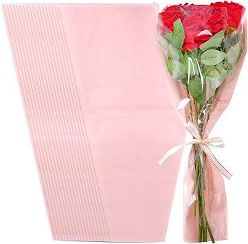 baotongle 20 Pack Flower Bags for Bouquets Flower Sleeves for Bouquets Bags with Ribbon for Valentines Day Birthday Wedding Graduation Fathers Day Gift Packing Pink