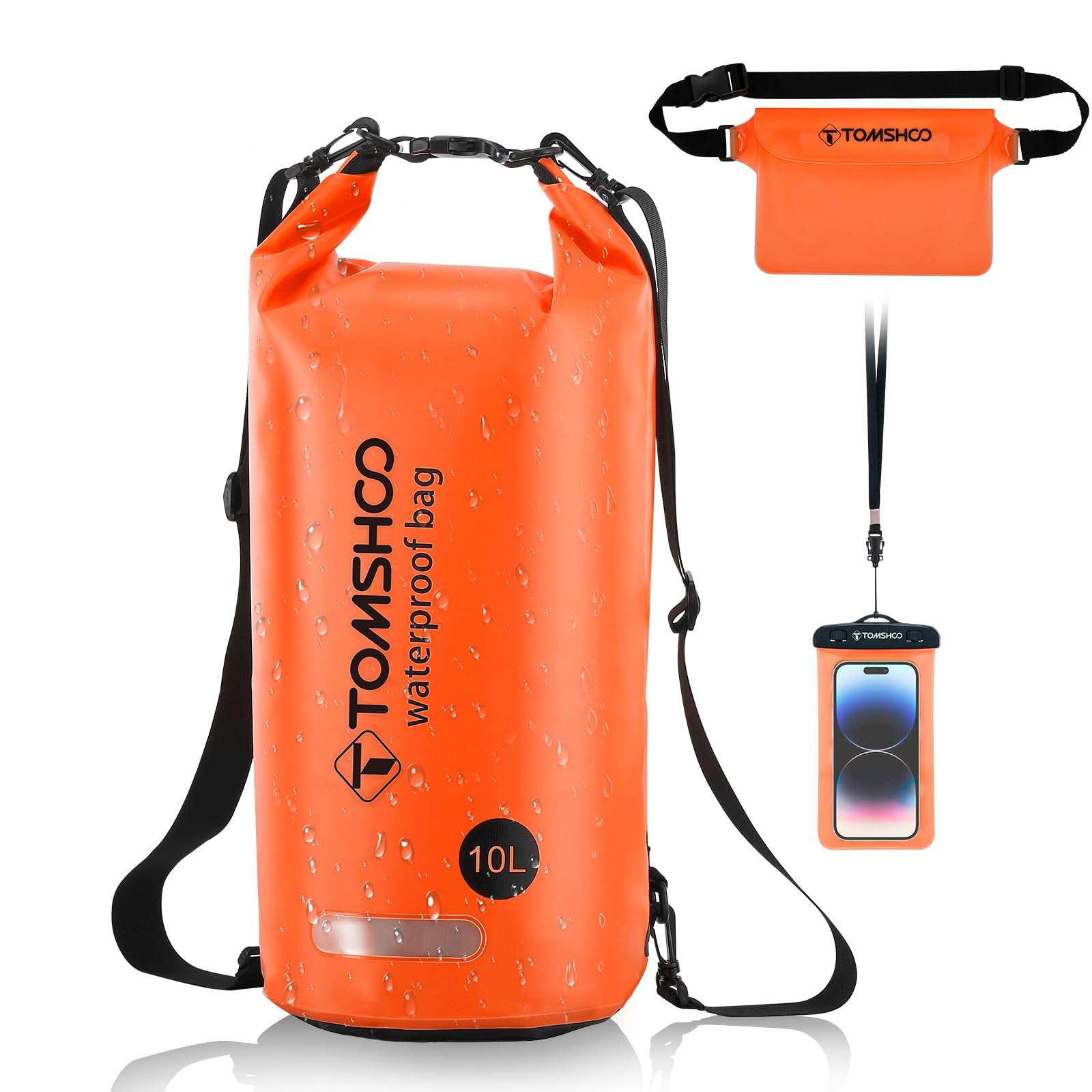 TOMSHOO Dry Bag Set, Wodoodporny Plecak 10L/20L z Wodoodpornym Pokrowcem i Kieszeń na Telefon Komórkowy, Regulowany Pasek na Ramię, Wodoodporny Plecak na Spływy Kajakowe, 10L, Pomarańczowy