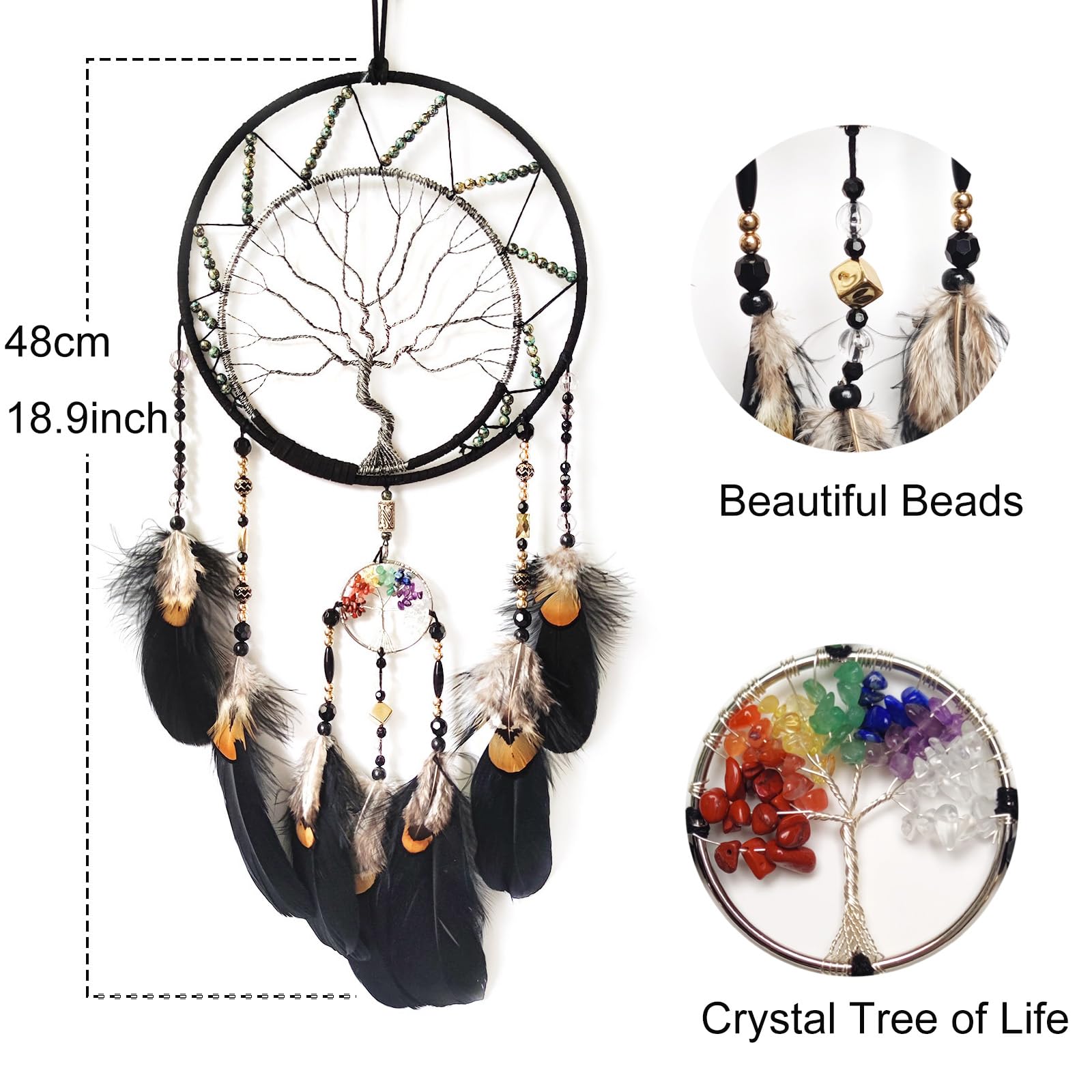Donko Black Large Dream Catcher Wall Decor Crystal Tree of Life Dream Catchers Handmade Feather Dreamcatcher Wall Hanging Ornament for Bedroom Living Room Home Decor - Image 2