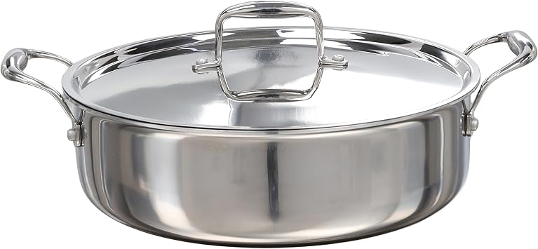 Buckingham Elite Tri-Ply 18/8 Stainless Steel Sauteuse Pan with Lid Induction Fully Clad Stainless Steel Pan Stay Cool Handle Ensures Fast Even Heating 28 cm 4.8 litres